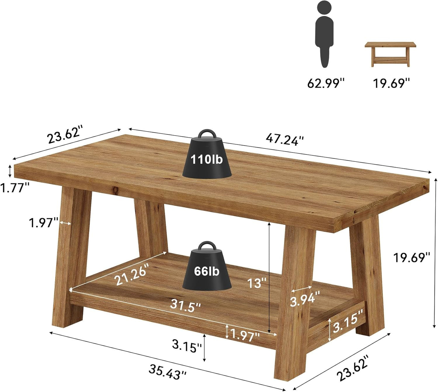 Rustic Solid Wood Coffee Table, 2-Tier Rectangle Accent Center Table with Lower Storage Shelf, Farmhouse Simple Cocktail Tea Tables with Sturdy Legs for Living Room, Brown