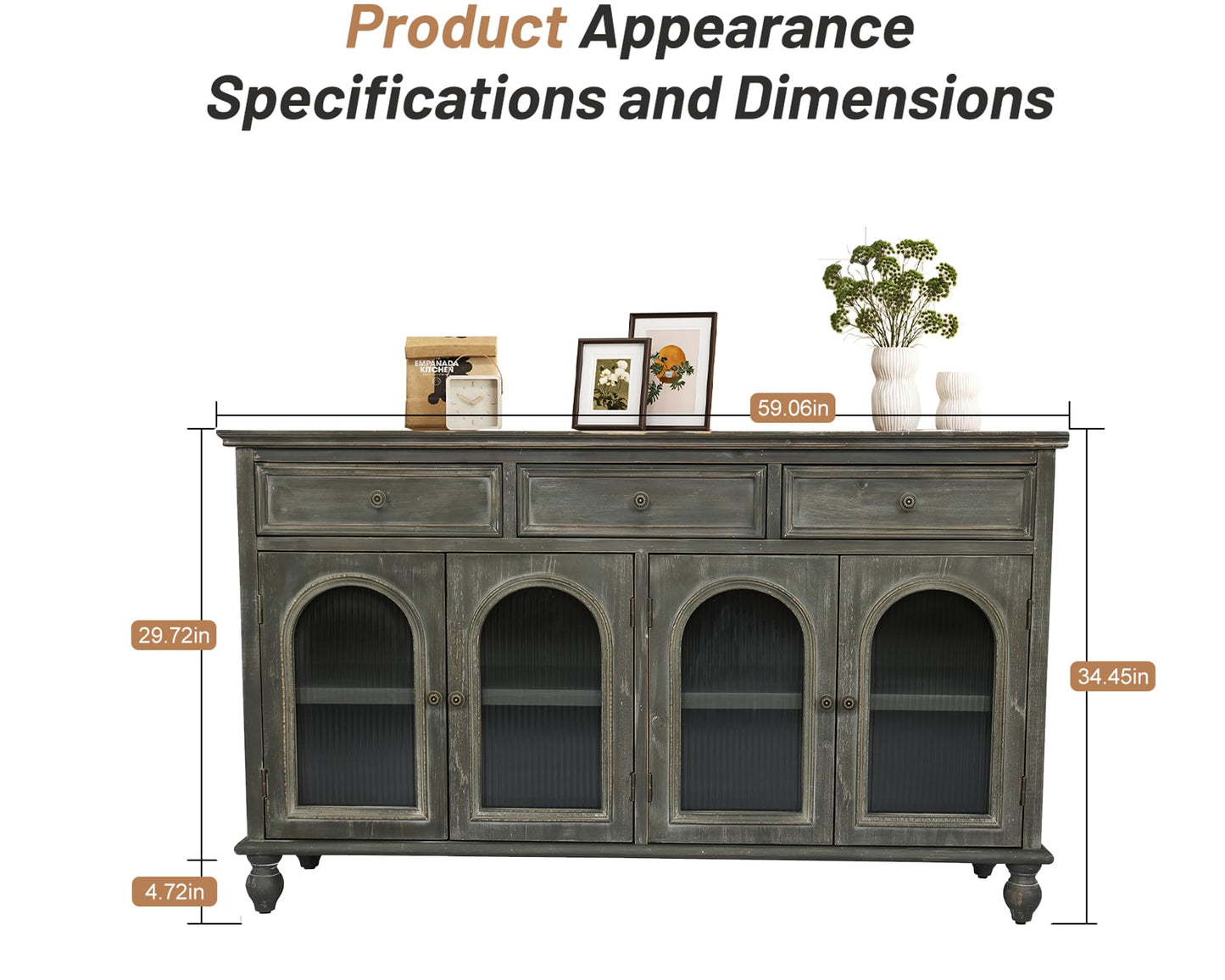 LKTART 60" Farmhouse Sideboard Buffet,Solid Fir Wood Frame with Hollowed-Out Carved Doors,Hand-Distressed Design,Versatile Storage Cabinet for Kitchen, Living Room,Natural Wood