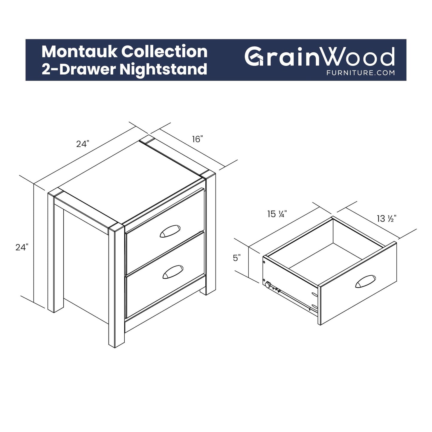 Grain Wood Furniture Montauk 2-Drawer Bedside Nightstand, Solid Wood with Rustic Walnut Finish