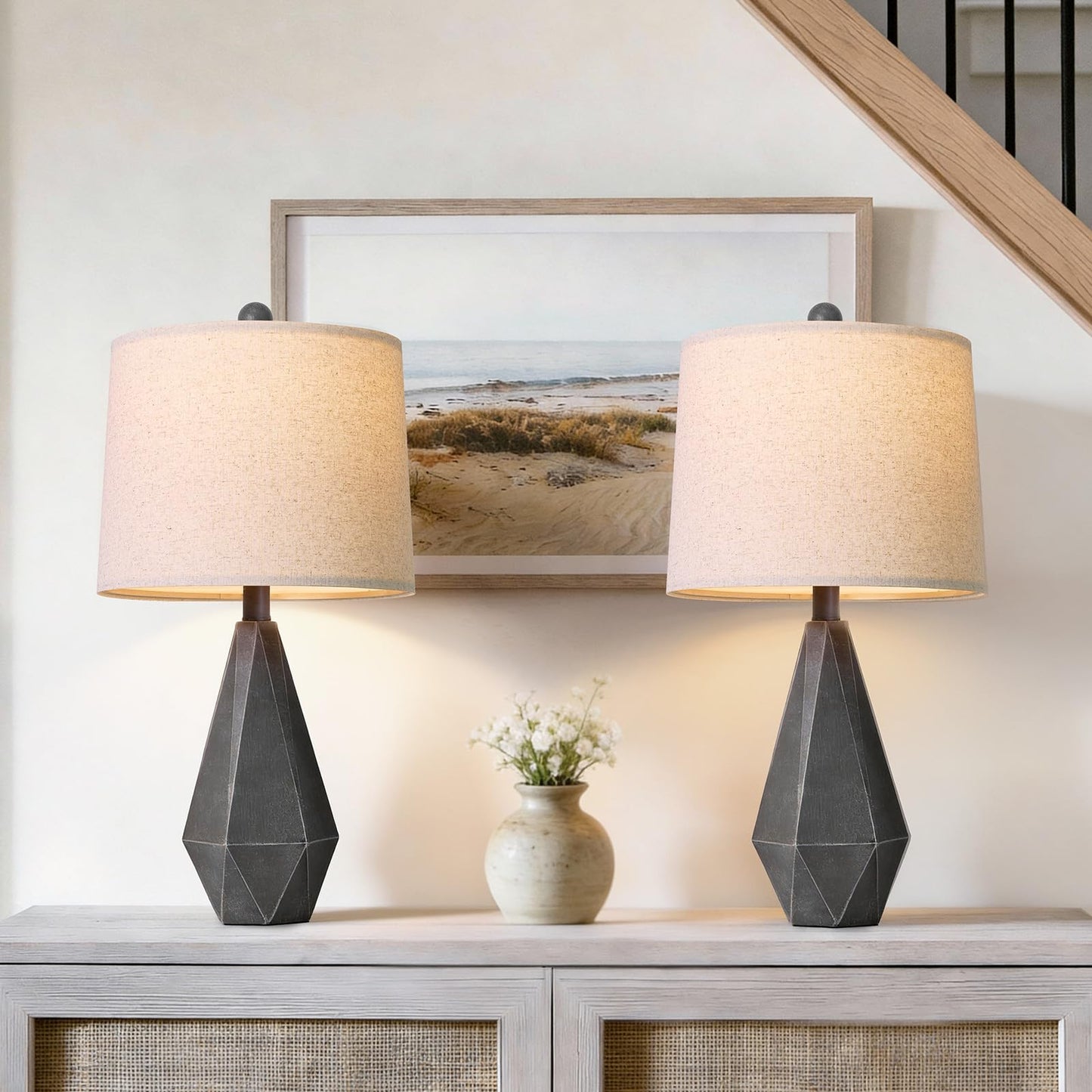 PoKat 23.5'' Table Lamps Set of 2 for Bedroom, Farmhouse Nightstand Lamps for Living Room, Rustic Bedside Lamps with Linen Lampshade for Side Table Office Hallway Entryway Dark Wood-Like (Brown)