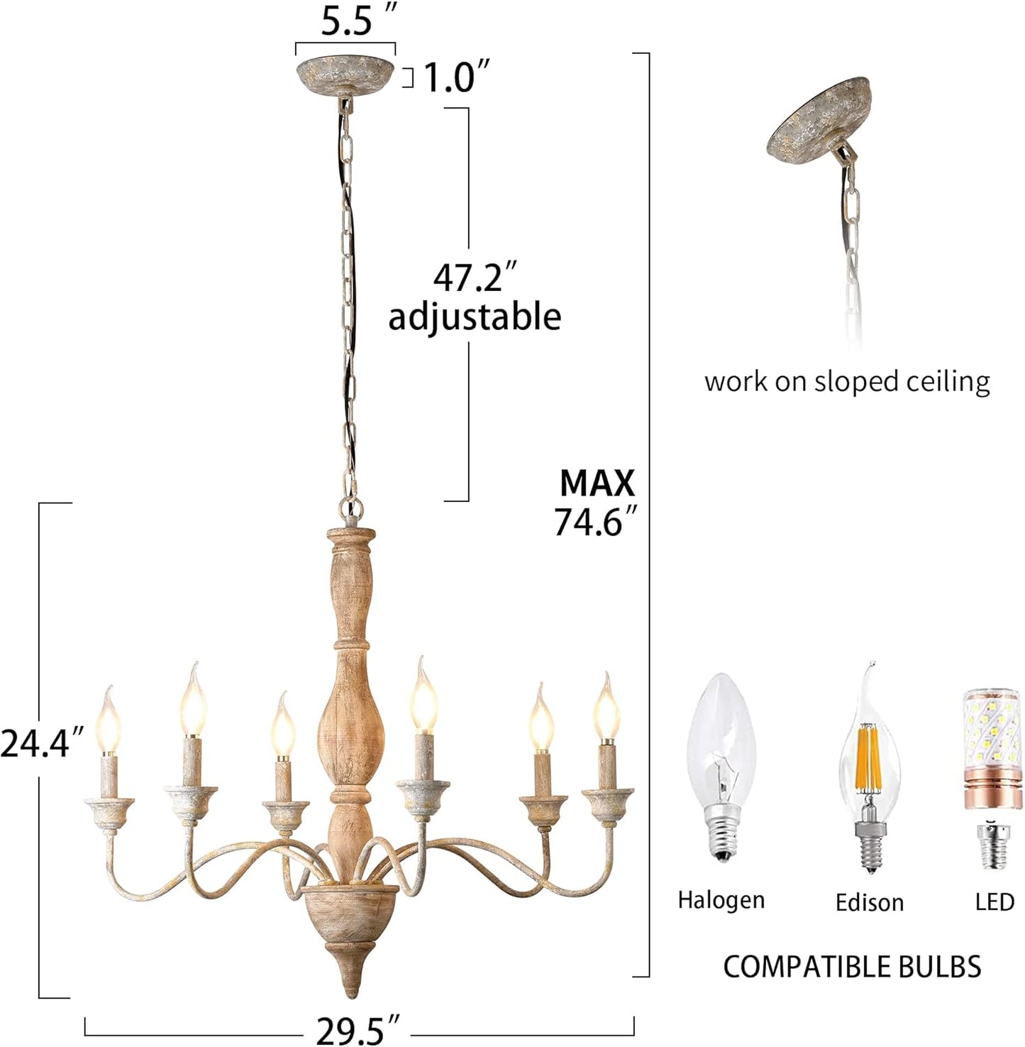 6 Bulb French Country Chandeliers, Large Wood Pendant Light Fixture for Dining Room, Rust Arm Farmhouse Chandelier, Hanging Light for Living Room, Height Adjustable, D29.5 x H24.4
