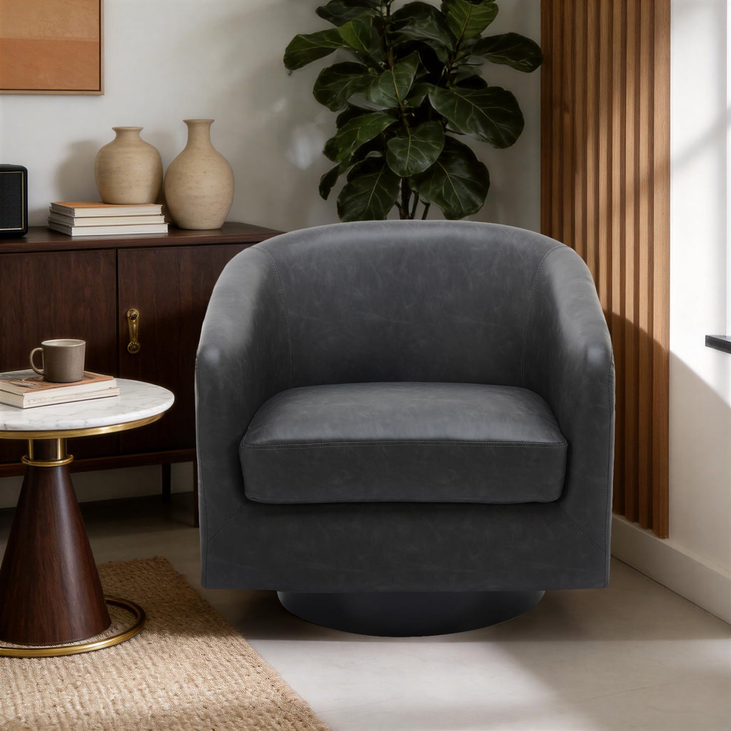 Swivel Barrel Chairs Set of 2, 31" W Modern Faux Leather Round Swivel Accent Chair for Living Room, 360° Rotation Upholstered Armchair Club Chair for Bedroom, Reading Room, Office (Brown)