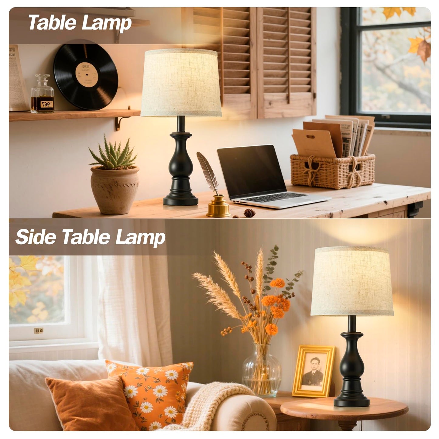 Vintage Table Lamp for Living Room Bedroom, 18.5" Farmhouse Bedside Lamps Nightstand Lamp Set of 2, Table Lamps with Oatmeal Linen Lamp Shades, 2 LED Bulbs Included