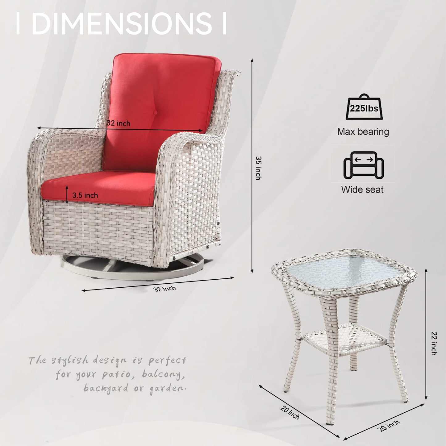 Joyside Outdoor Swivel Rocker Patio Chairs Set of 2 and Matching Side Table - 3 Piece Wicker Patio Bistro Set with Premium & Soft Fabric Cushions(Light Grey/Red)