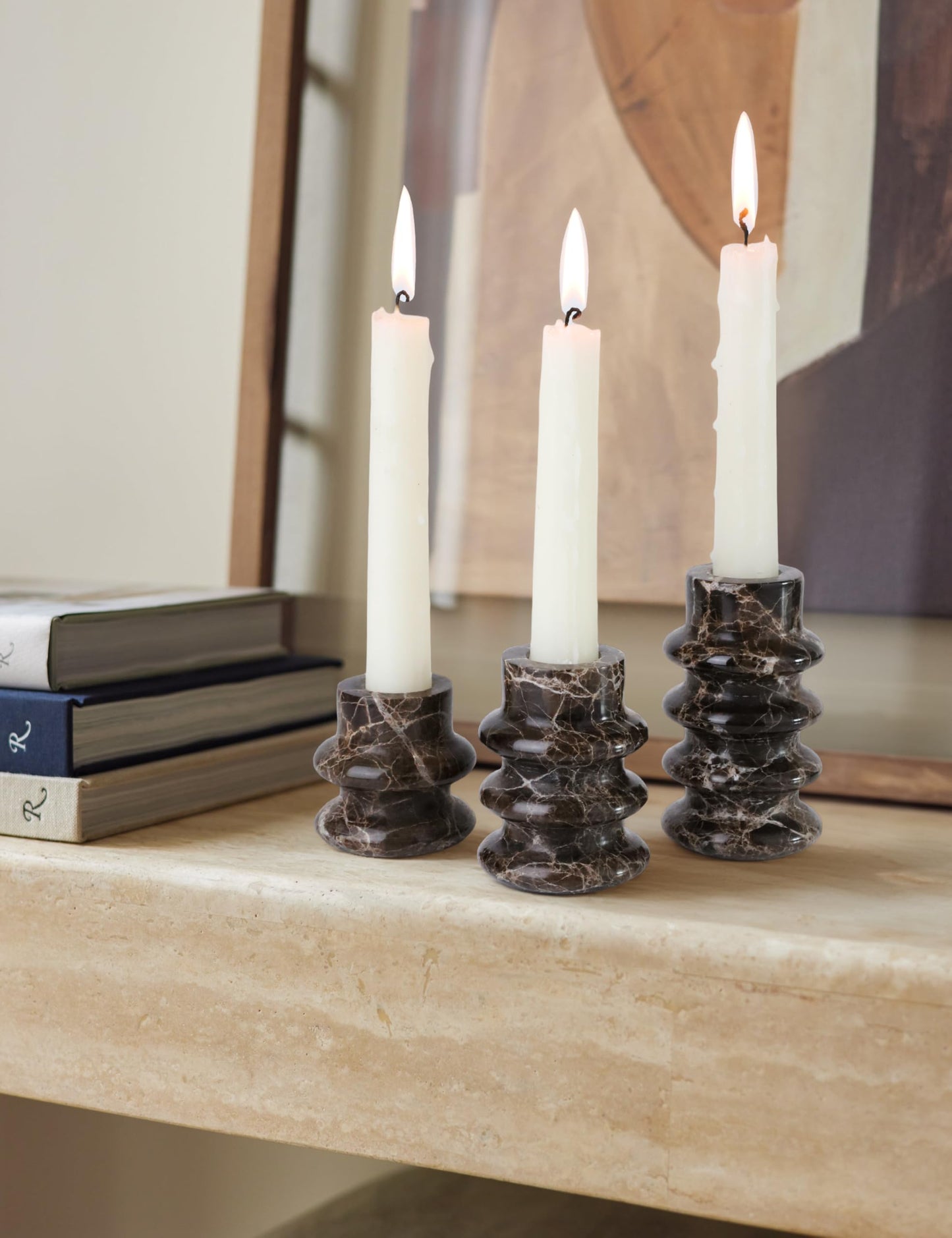 Vixdonos Marble Candle Holder Set of 2 Taper Candle Candlestick Mantle Candle Stand for Home Decor,Wedding,Party and Table Centerpieces(Brown)