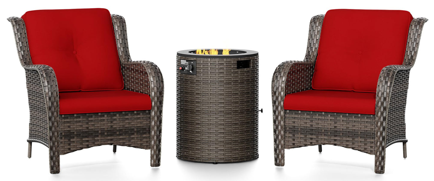 Joyside Patio Furniture Set with Fire Pit Table, 3 Piece Outdoor Wicker Conversation Sets with High Back, Thickened Cushions, Rattan Sectional for Porch, Lawn Use (Red)