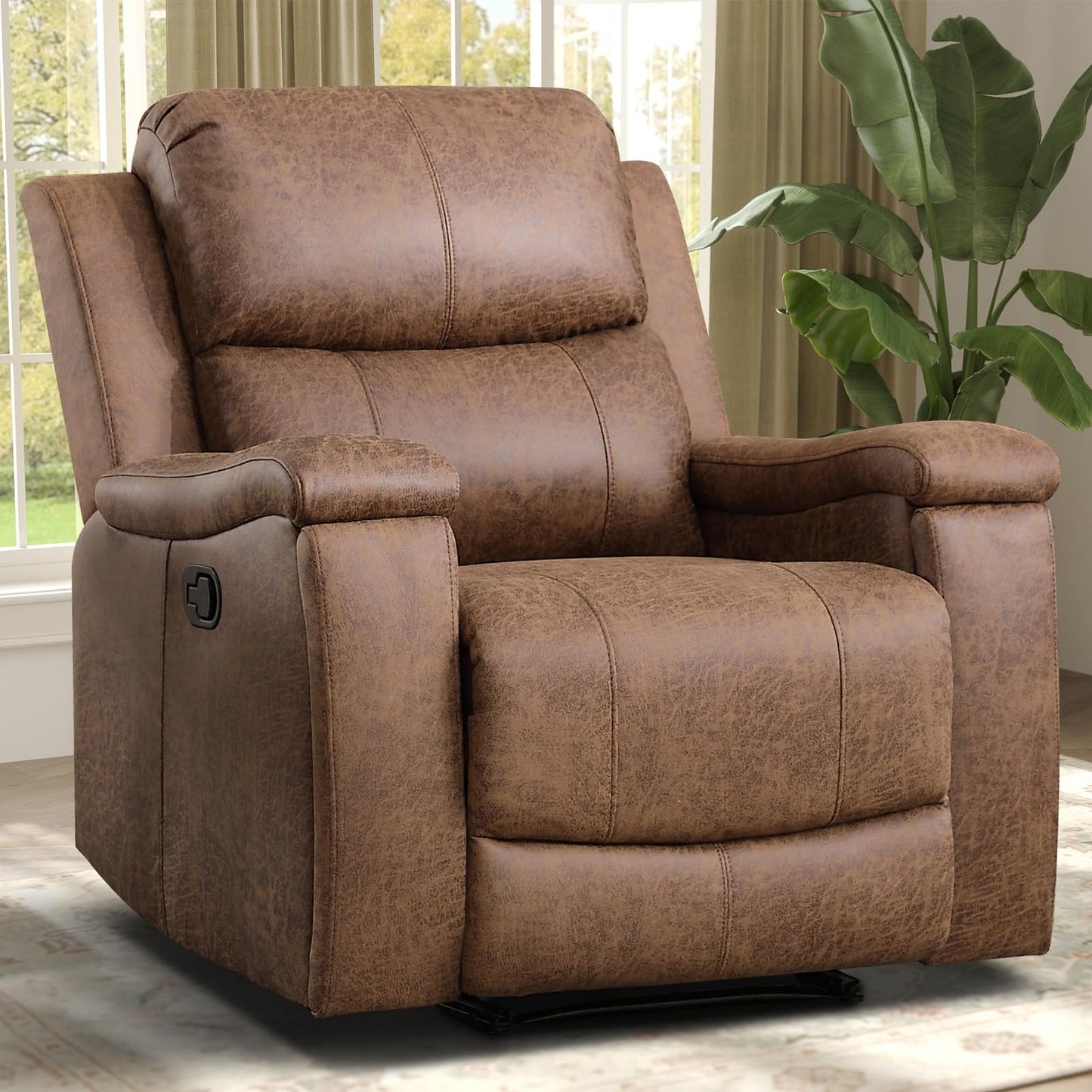 IOMOR Leather Recliner Chair, Manual Recliner Chair for Adults with Overstuffed Arms and Back, Single Sofa Recliner with Cup Holders for Living Room (1, Brown)