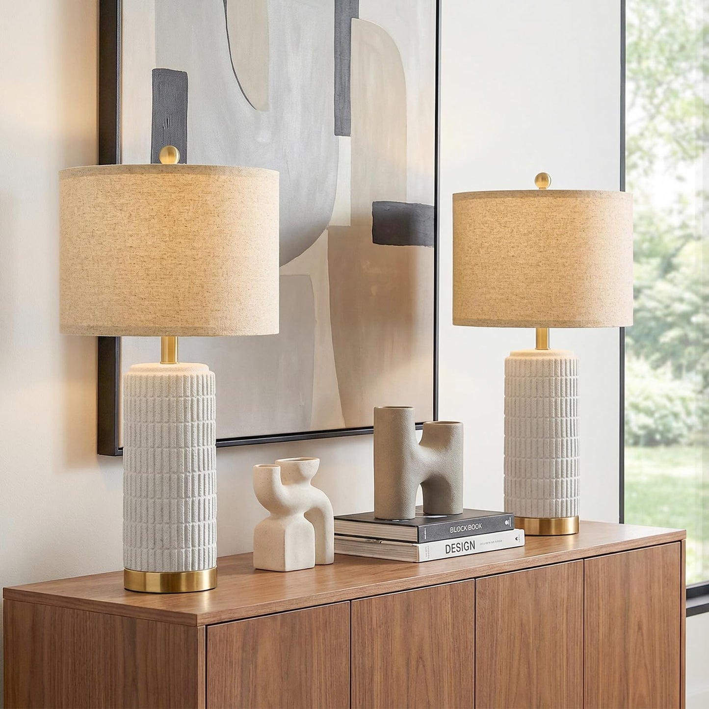 PoKat Small Bedside Table Lamps Set of 2 for Bedroom Living Room, 21.5'' Modern Ceramic Nightstand Lamps with Gold Base, Farmhouse Table Lamps for Office End Side Table Console, White and Beige