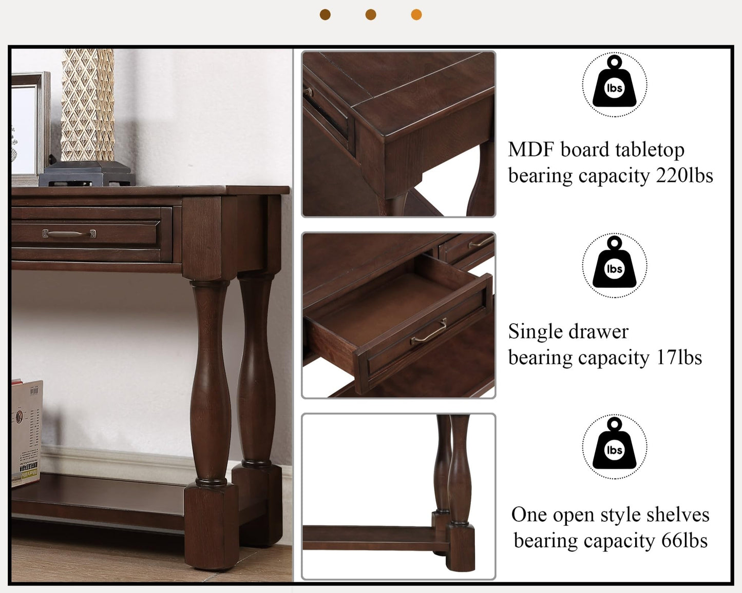 LKTART Solid Wood Console Table for Entryway,Long Sofa Table with 3 Drawers and Bottom Shelf for Hallway,Foyer,Entry,Easy Assembled (63" Light Espresso)