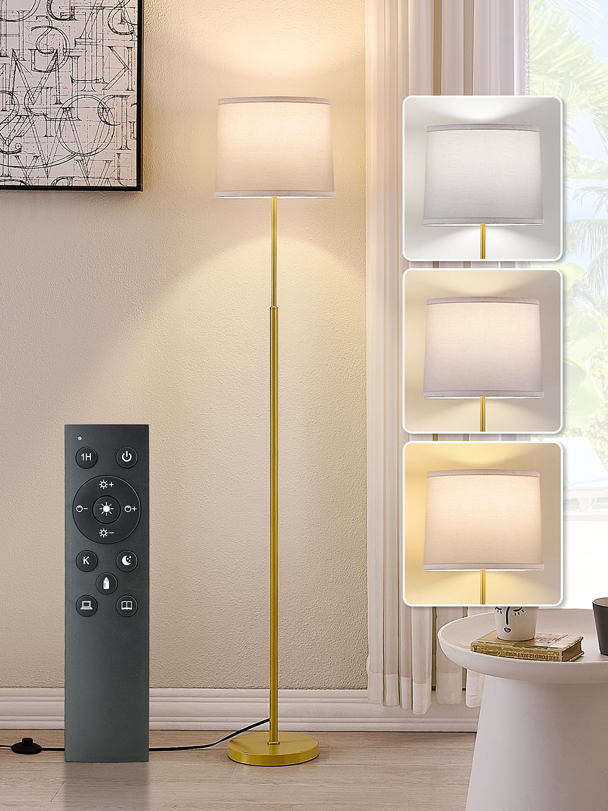 60" Modern Floor Lamp for Living Room Bedroom, Standing Lamp with Oatmeal Linen Lampshade, Tall Lamp with A19 9W 3 Color Temperature Bulb, Foot Switch Control, Black