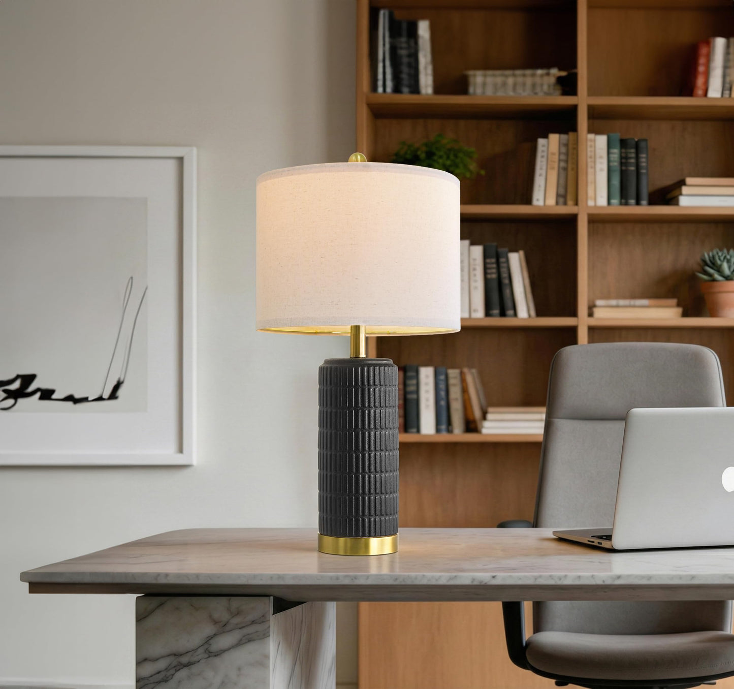 PoKat Small Bedside Table Lamps Set of 2 for Bedroom Living Room, 21.5'' Modern Ceramic Nightstand Lamps with Gold Base, Farmhouse Table Lamps for Office End Side Table Console, White and Beige