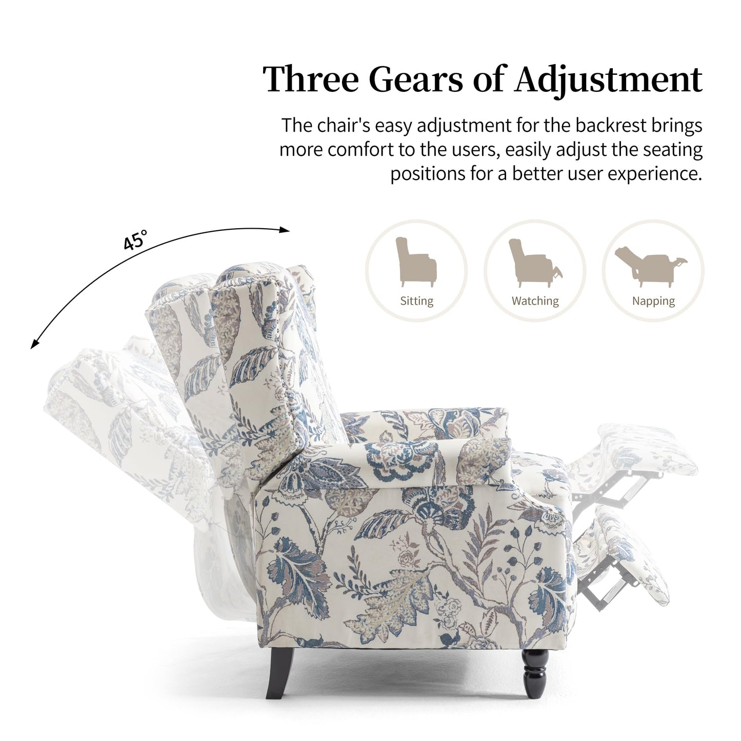 Pushback Recliner Chair, Printed Fabric Wingback Recliner Chair for Living Room, Upholstered Armchair Push Back Recliner with Wood Legs, Rivet Trim Wingback Accent Chair for Bedroom, Navy