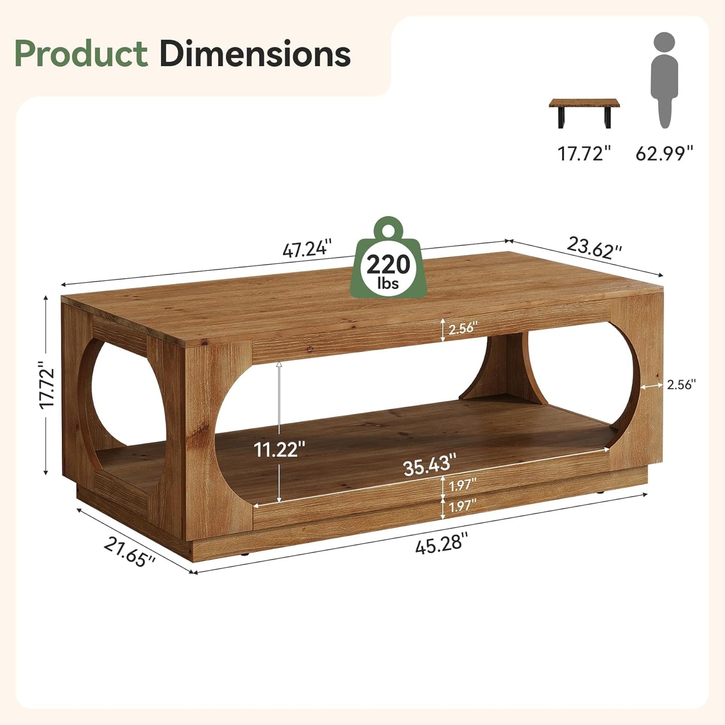 Solid Wood Coffee Table, 47.2" Farmhouse Wooden Center Tables with Storage for Living Room, 2-Tier Rectangular Cocktail Tea Table for Apartment, Home Office