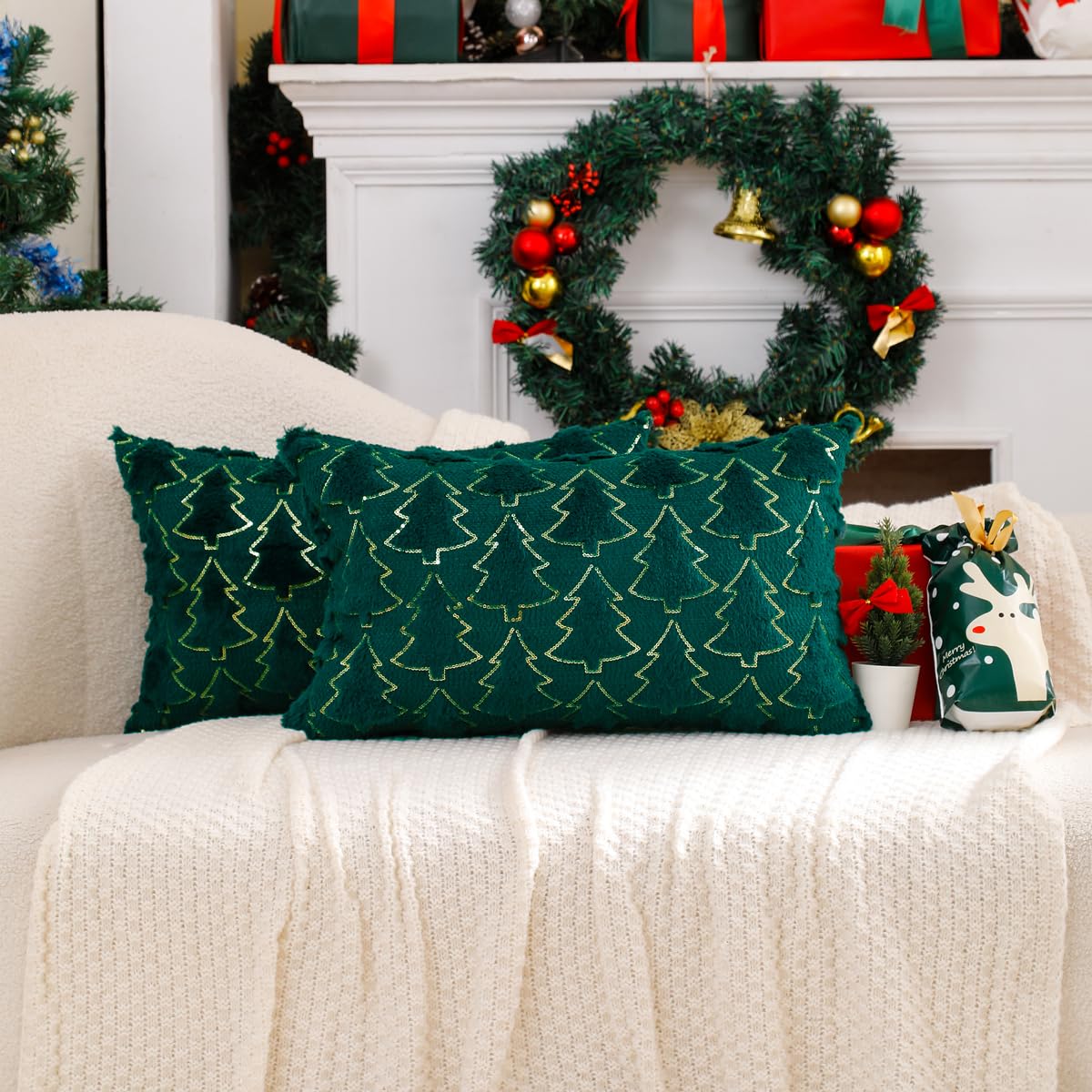 VAKADO Christmas Throw Pillow Covers 18x18 Set of 2 Embroidered Decorative Xmas Couch Cushion Cases Holiday Soft Home Decor for Bedroom Sofa Chair Porch Winter, Cream