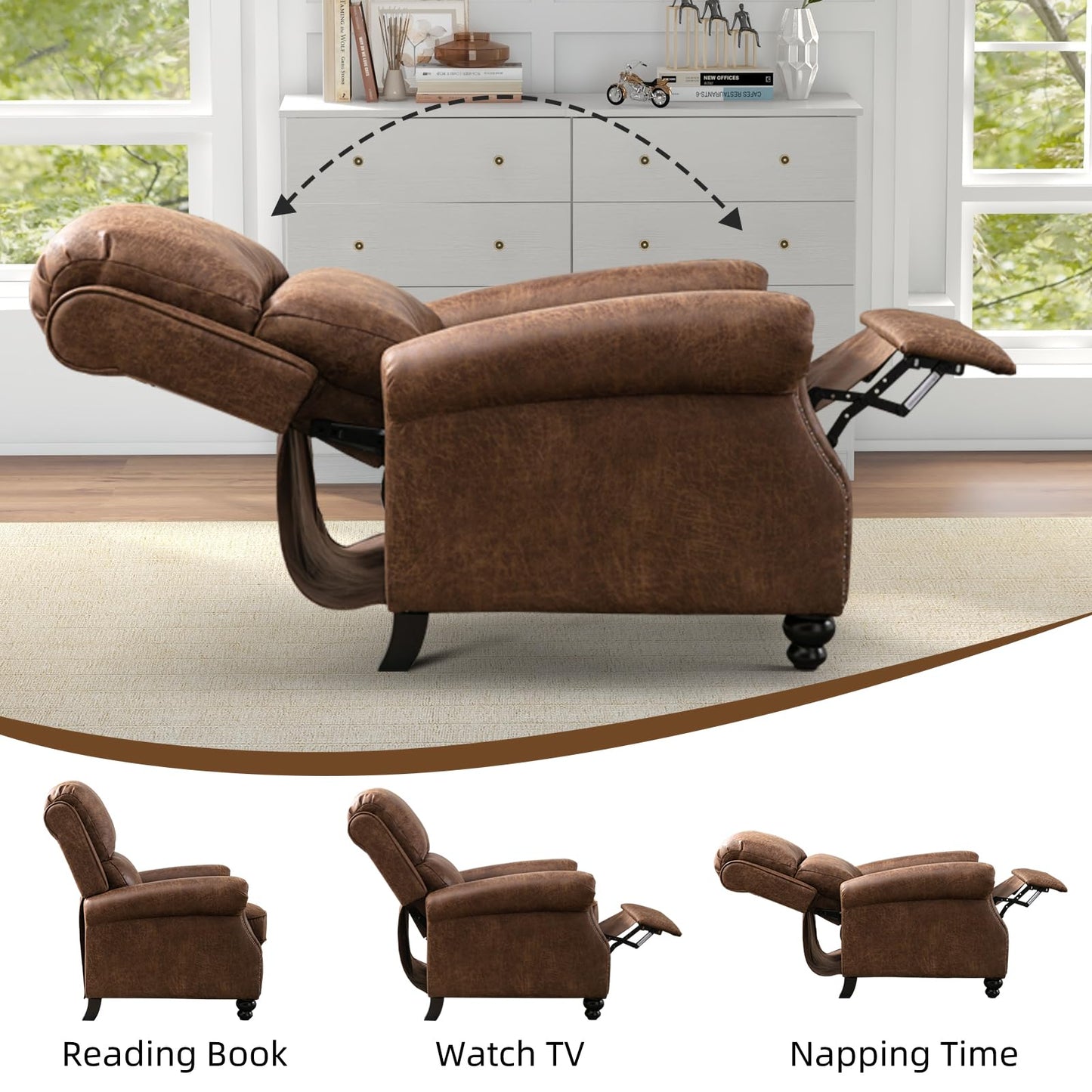 IOMOR Push Back Recliner Chair Faux Leather Lounge Armchair with Rivet Decoration Wingback Single Sofa Chair with Padded Seat Solid Wood Legs for Living Room, Comfy Upholstered, Red Brown