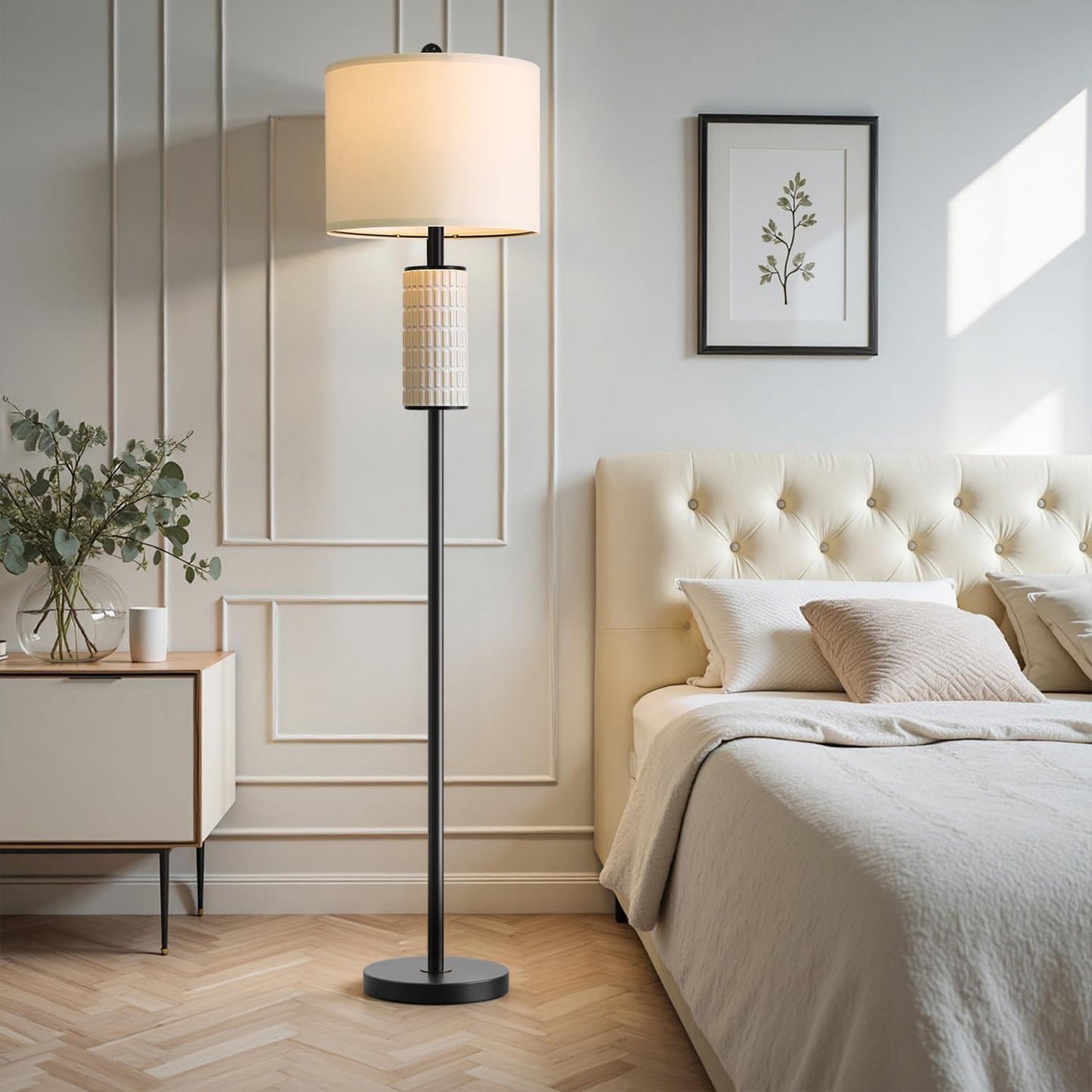 PoKat Farmhouse Floor Lamp for Living Room with Ceramic, 64" Black Standing Lamps for Living Room Corner, Modern Tall Floor Lamps for Bedroom, Sofa, Reading Nock, Rotary Switch, Matte Black