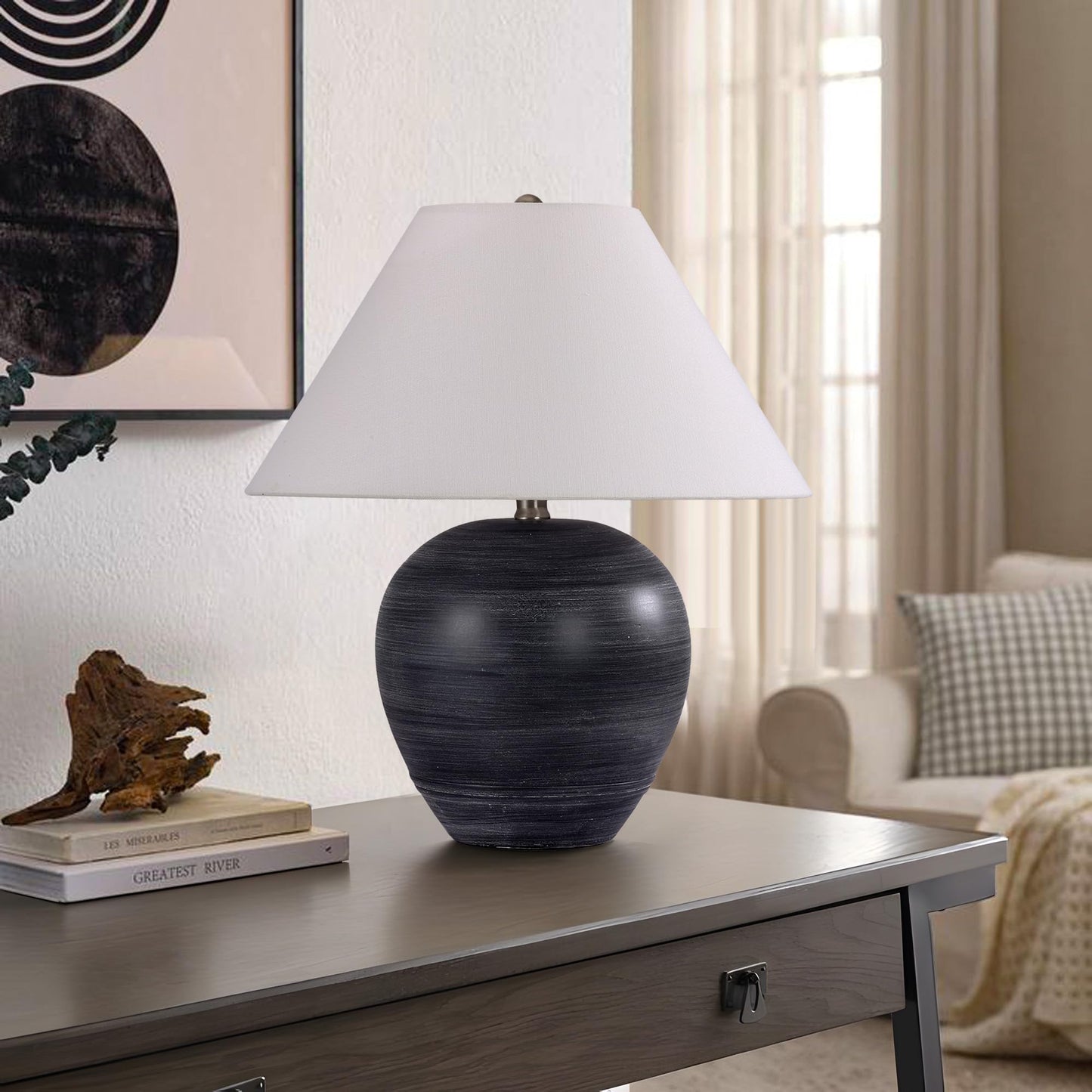Farmhouse Ceramic Table Lamp, 21" Rustic Table Lamp with Linen Shade, 3-Way Dimmable Bedside Nightstand Lamps for Bedroom, Living Room, E26 Socket, Dark Grey