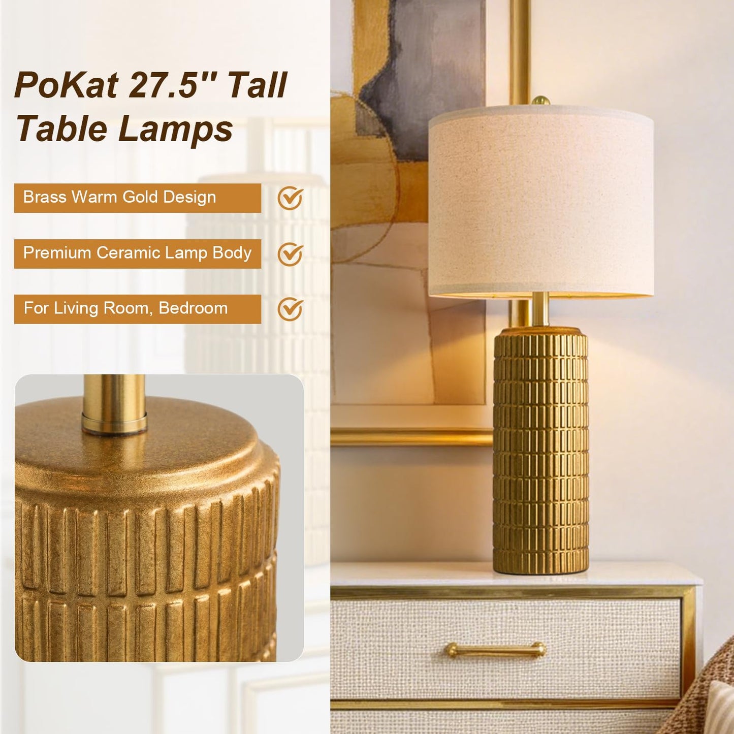 PoKat 27'' Farmhouse Table Lamps Set of 2 for Living Room, Stone-Like Bedside Lamp for Bedroom, Boho Ceramic Tall Lamps for Nightstand Office Sideboard Entryway Distressed (Antique Beige)