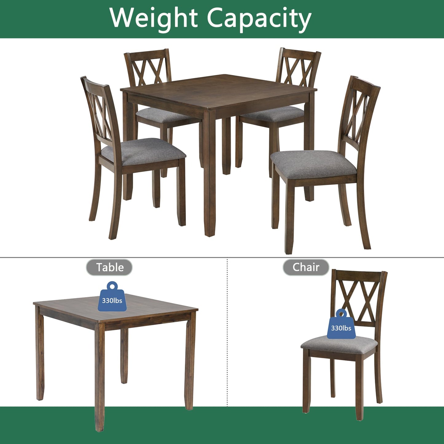 LKTART 5-Piece Kitchen & Dining Room Table and Chairs Sets,Small Square Kitchen Table with 4 Upholstered XX-Shaped Backrest Chairs,Walnut
