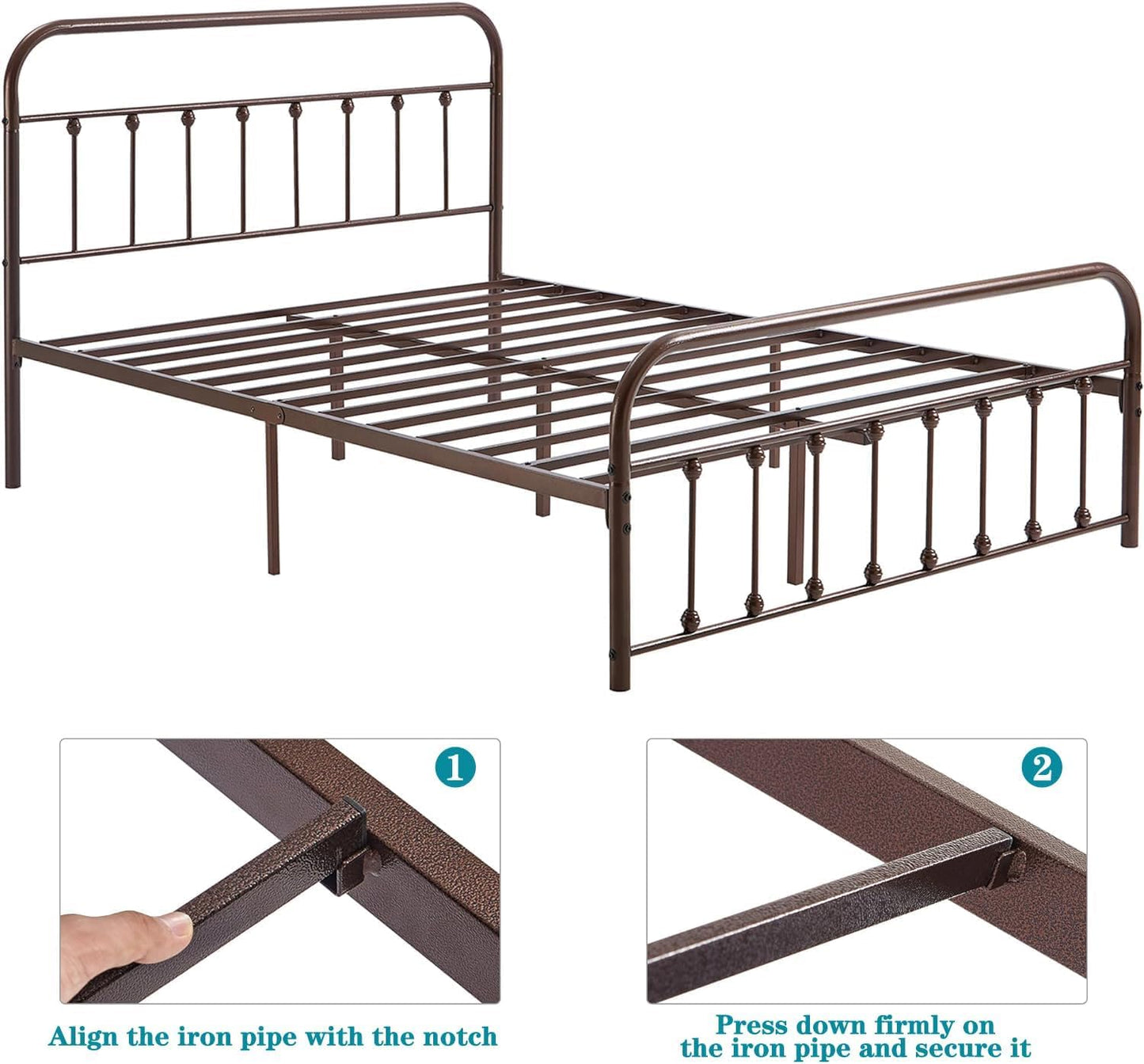 VECELO King Size Victorian Style Metal Bed Frame with Headboard/Mattress Foundation/No Box Spring Needed/Under Bed Storage and Strong Slat Support Purple Bronze
