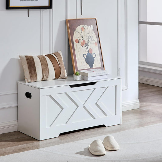 39.4” Storage Bench, Extra Large Entryway Bench with Storage,Storage Chest with 2 Safety Hinges,Blanket Storage,Shoe Storage Chest for Bedroom,Living Room,Easy Assembly. (White)