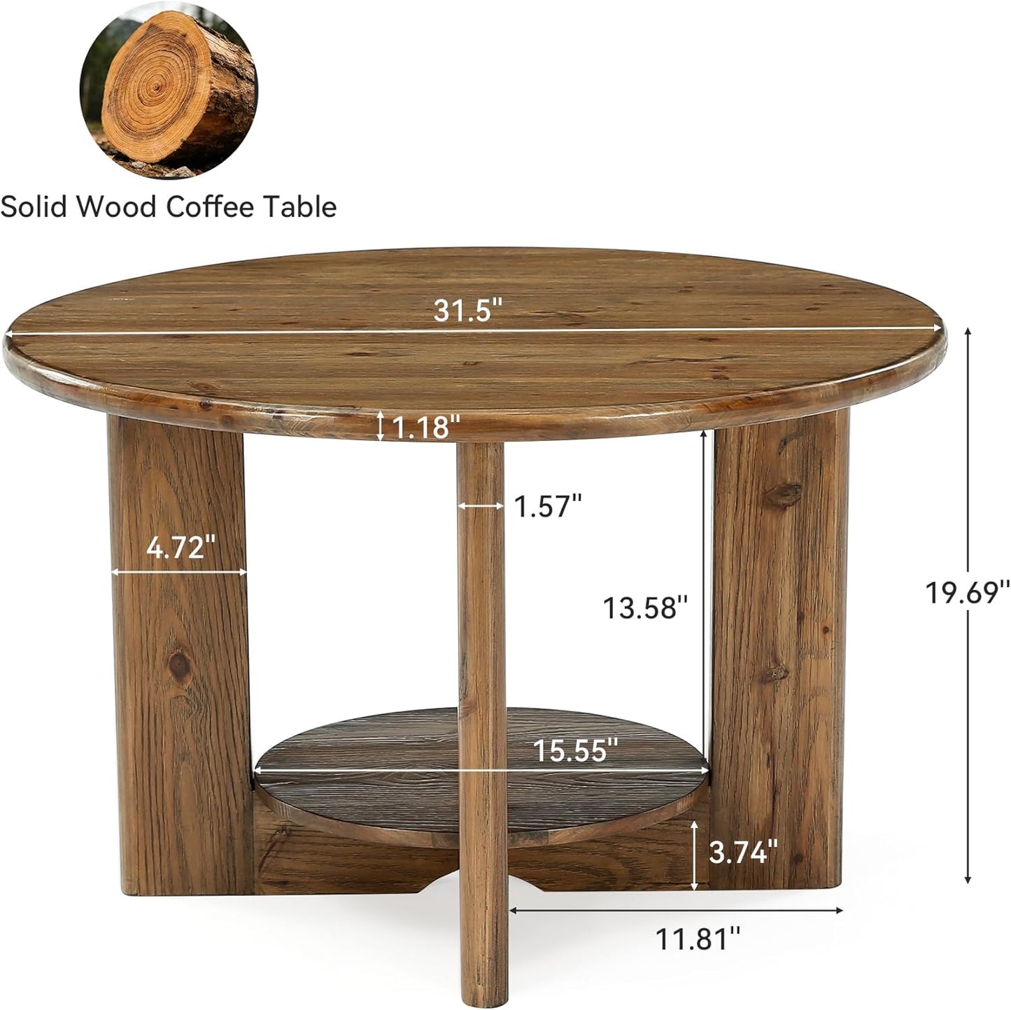 Solid Wood Round Coffee Table, 2-Tier Circle Coffee Table with Storage, Farmhouse Wood Accent Center Table for Living Room, Easy Assembly, Rustic Brown