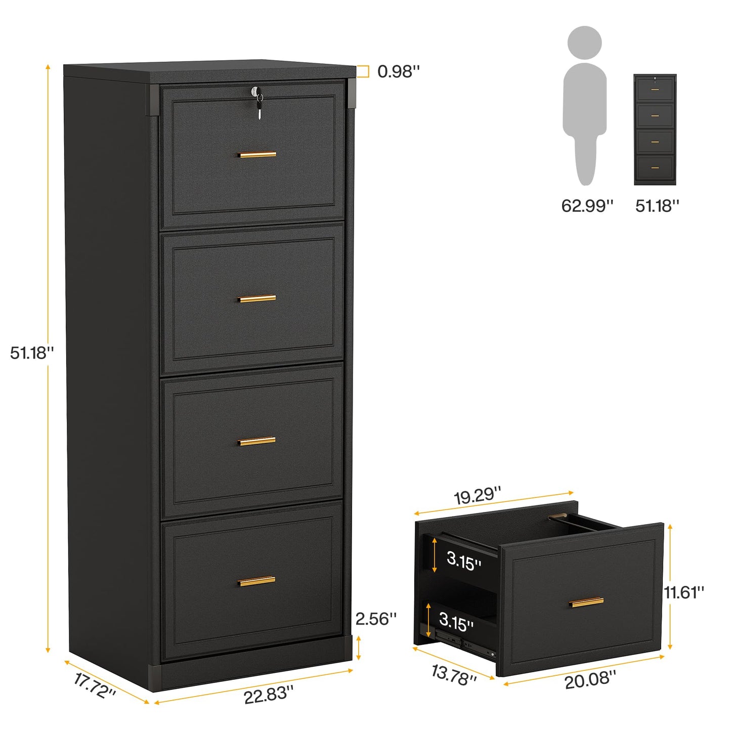 Tribesigns 4-Drawer File Cabinet with Lock, Locked File Cabinet with Key, Tall Wooden Filing Cabinets for Home Office, Vertical Office Storage for Legal Size/Letter/A4/Files, Brown