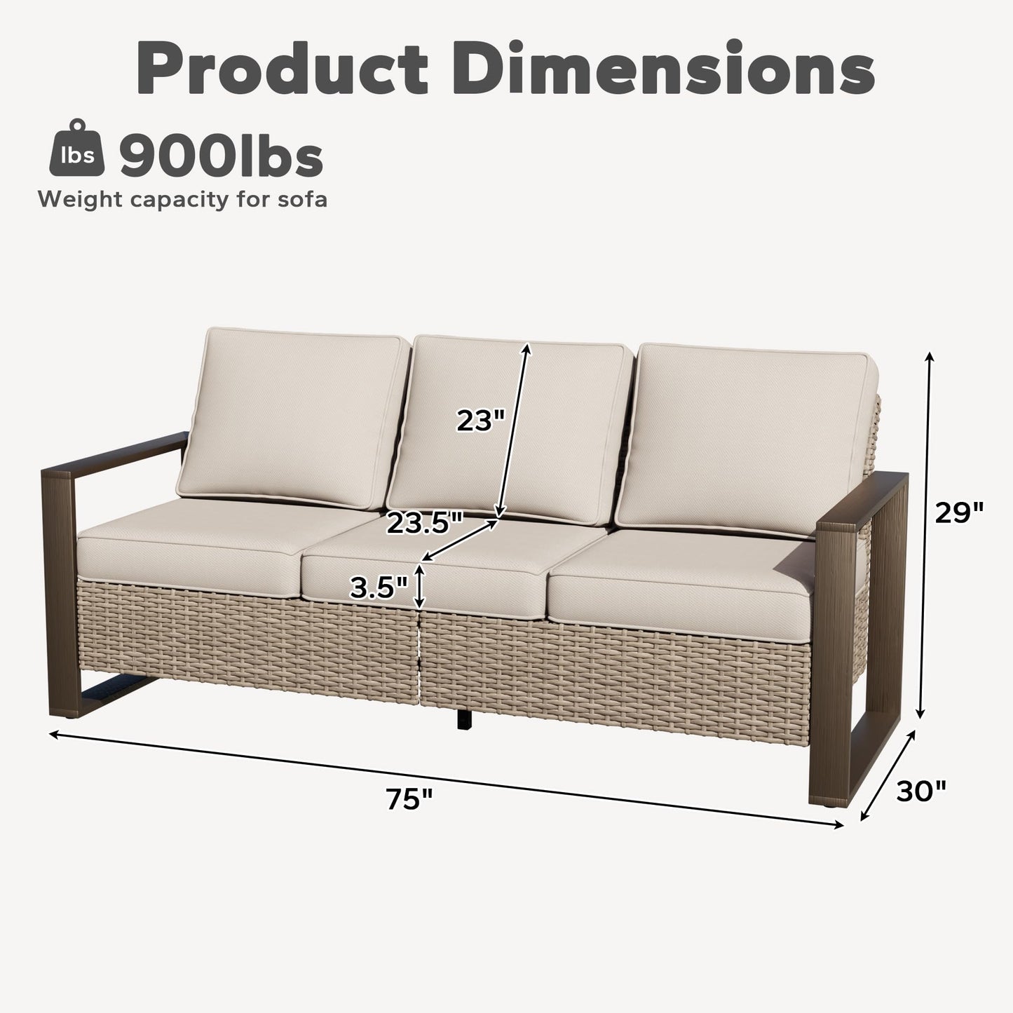Joyside Outdoor Patio Wicker Sofa, 3-Seater Rattan Sofa with Thick Olefin Cushions and Metal Steel Rectangular Framed Armrest -Looking Metal Armrest Suitable for Garden, Backyard, Porch, Deck
