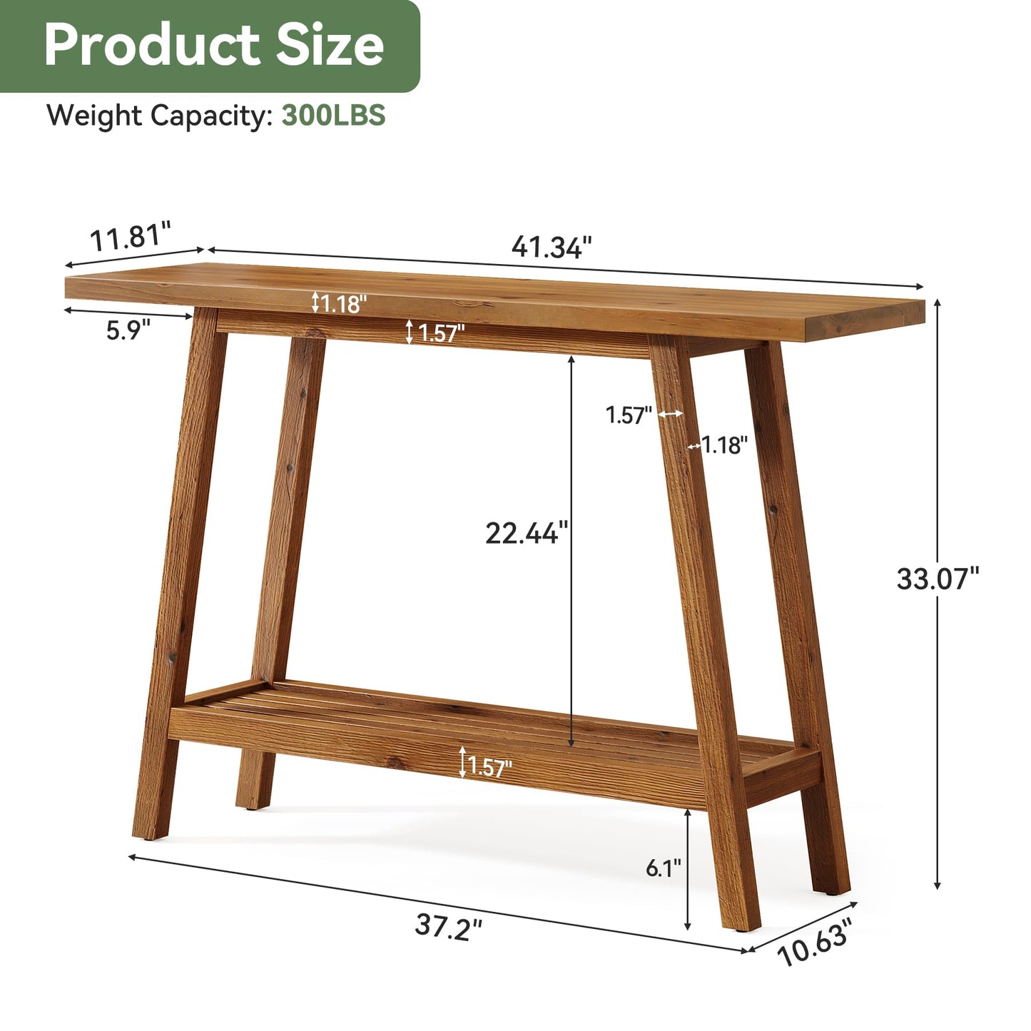 Solid Wood Console Table, 41.3" Rustic Entryway Table with Storage Shelf, 2 Tiers Narrow Skinny Couch Table Behind Sofa for Hallway, Entrance, Foyer, Living Room, Brown (Brown)