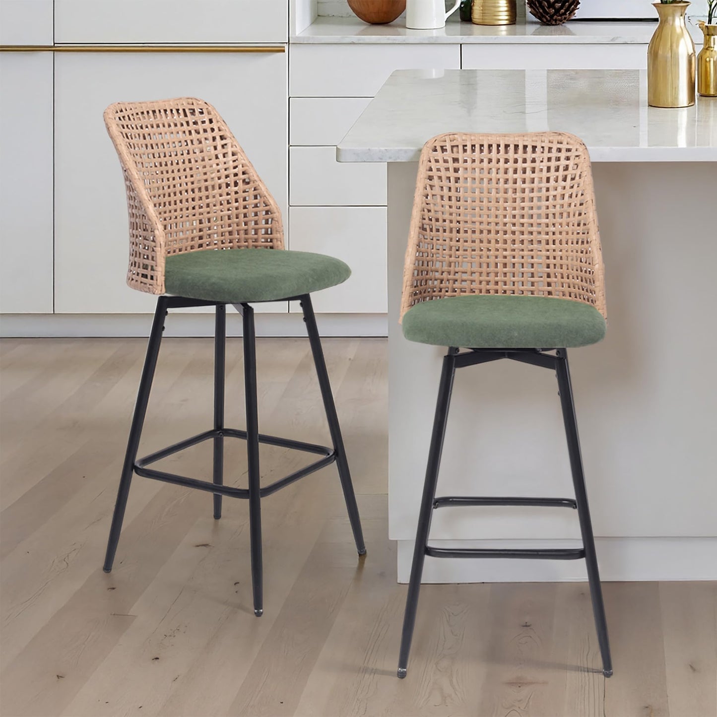 28.7" Swivel Bar Stools Set of 2, Mid Century Modern Counter Height Barstools with Rattan Backrest, Upholstered Chenille Armless Bar Chair Island Stools for Kitchen Island, Bar, Beige
