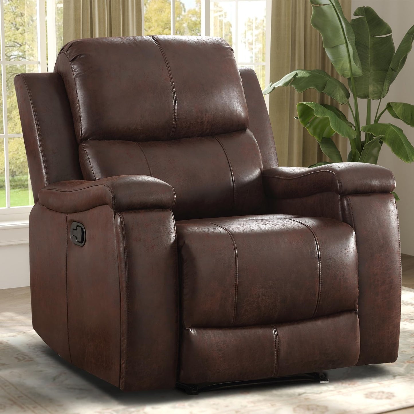 IOMOR Leather Recliner Chair, Manual Recliner Chair for Adults with Overstuffed Arms and Back, Single Sofa Recliner with Cup Holders for Living Room (1, Brown)