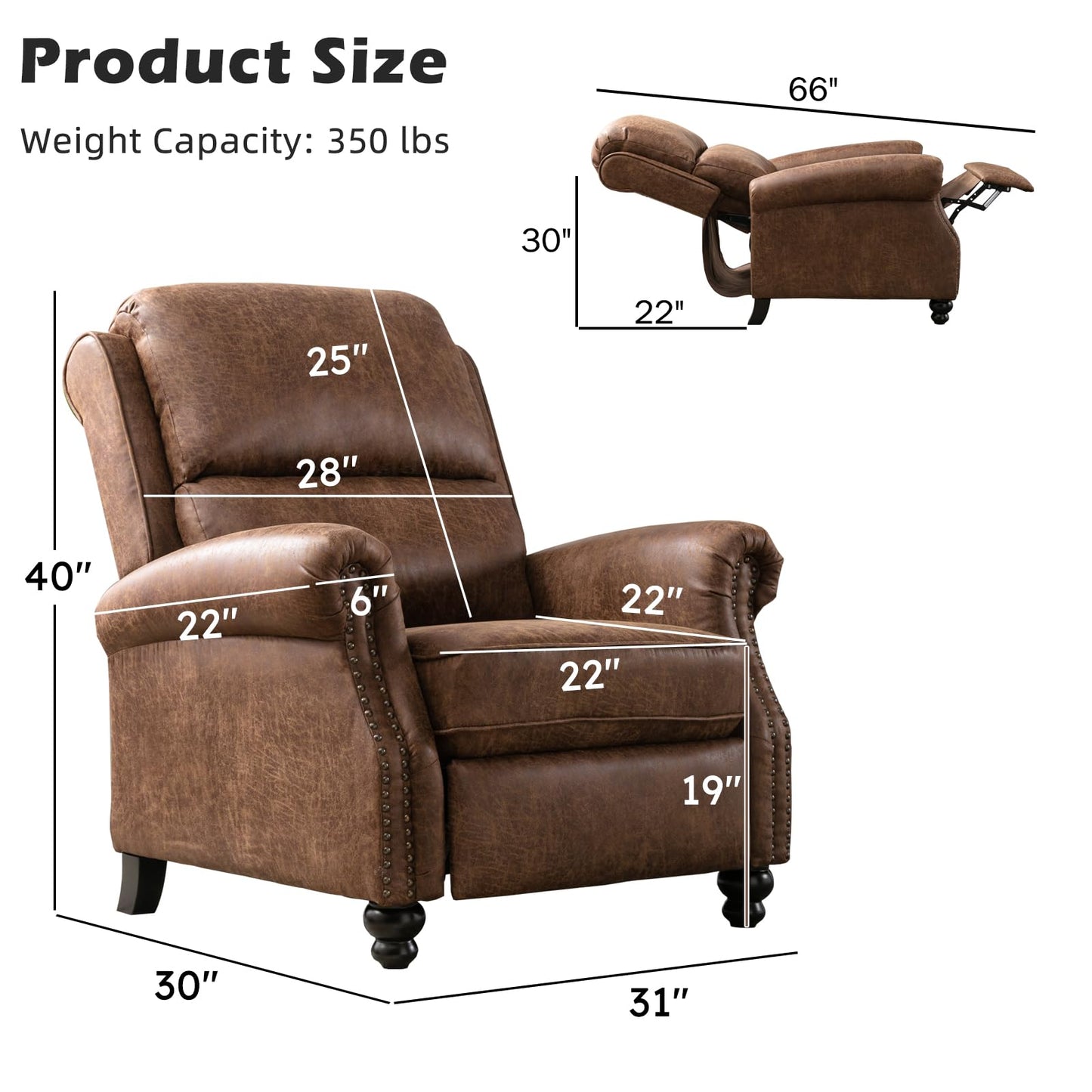 IOMOR Push Back Recliner Chair Faux Leather Lounge Armchair with Rivet Decoration Wingback Single Sofa Chair with Padded Seat Solid Wood Legs for Living Room, Comfy Upholstered, Red Brown