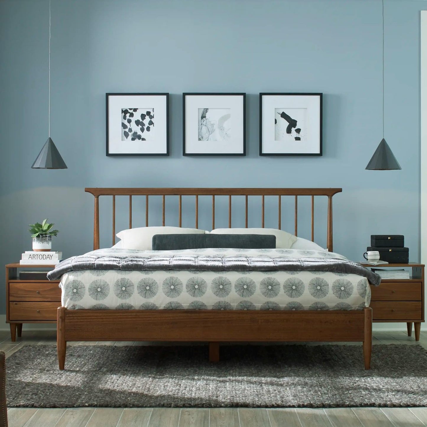 Grain Wood Furniture Mid Century Solid Wood Queen Size Spindle Bed with a Brushed Walnut Finish