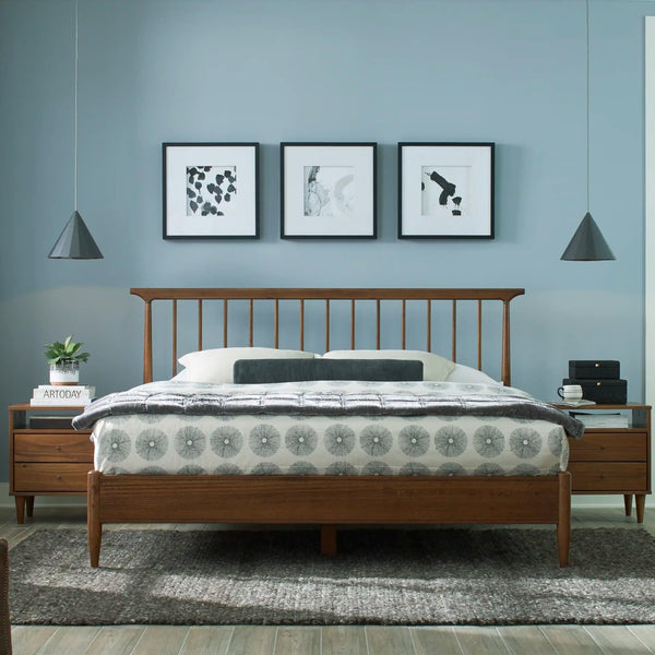 Grain Wood Furniture Mid Century Solid Wood Queen Size Spindle Bed with a Brushed Walnut Finish, Wood Bed Frame