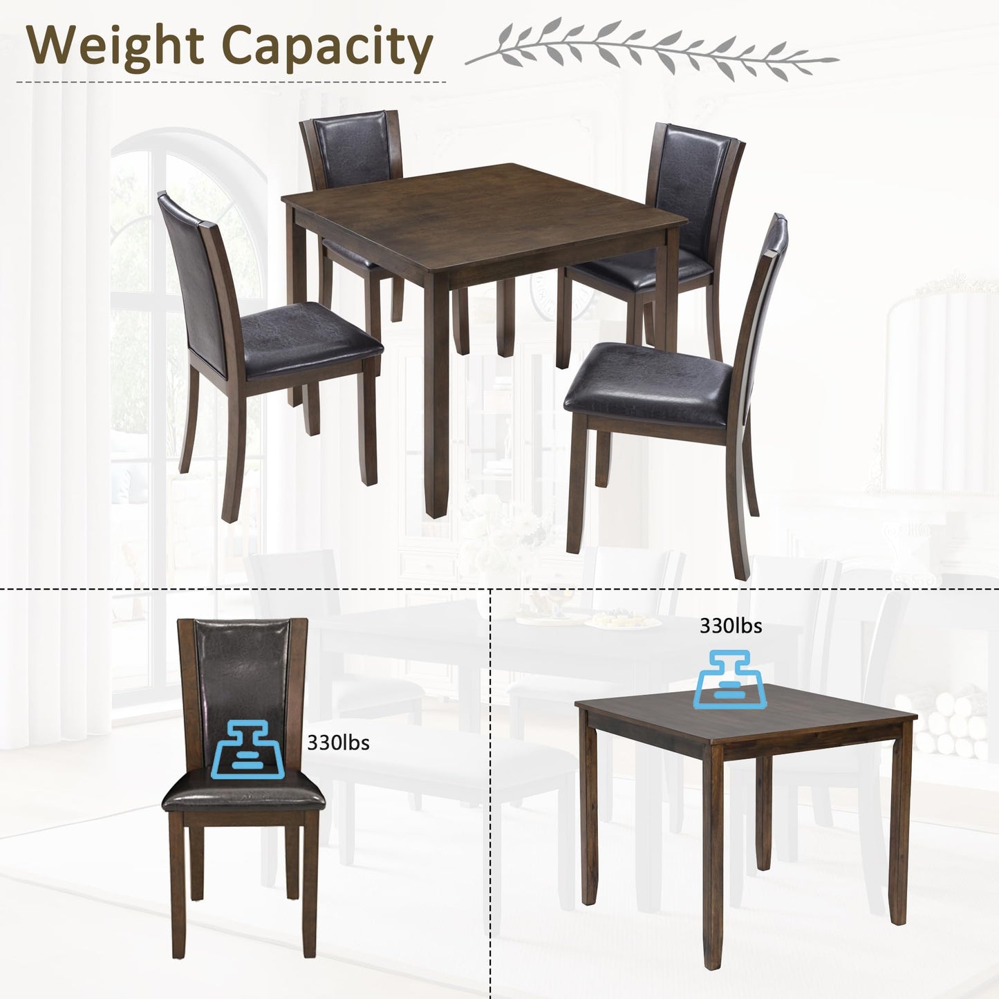 LKTART 5-Piece Kitchen & Dining Room Table and Chairs Sets,Small Square Kitchen Table with 4 Upholstered XX-Shaped Backrest Chairs,Walnut