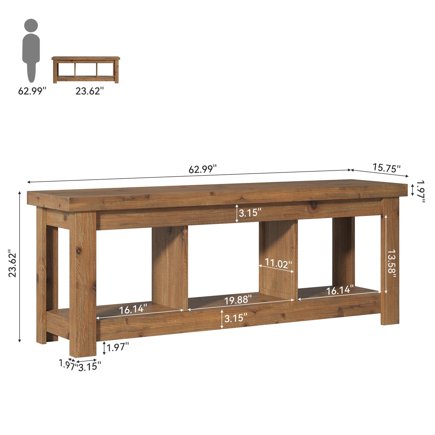 Solid Wood Console Table, 63-Inch Entryway Table with Storage, Long Wooden Sofa Table Behind Couch for Entryway, Hallway, Foyer, Living Room, Natural Wood
