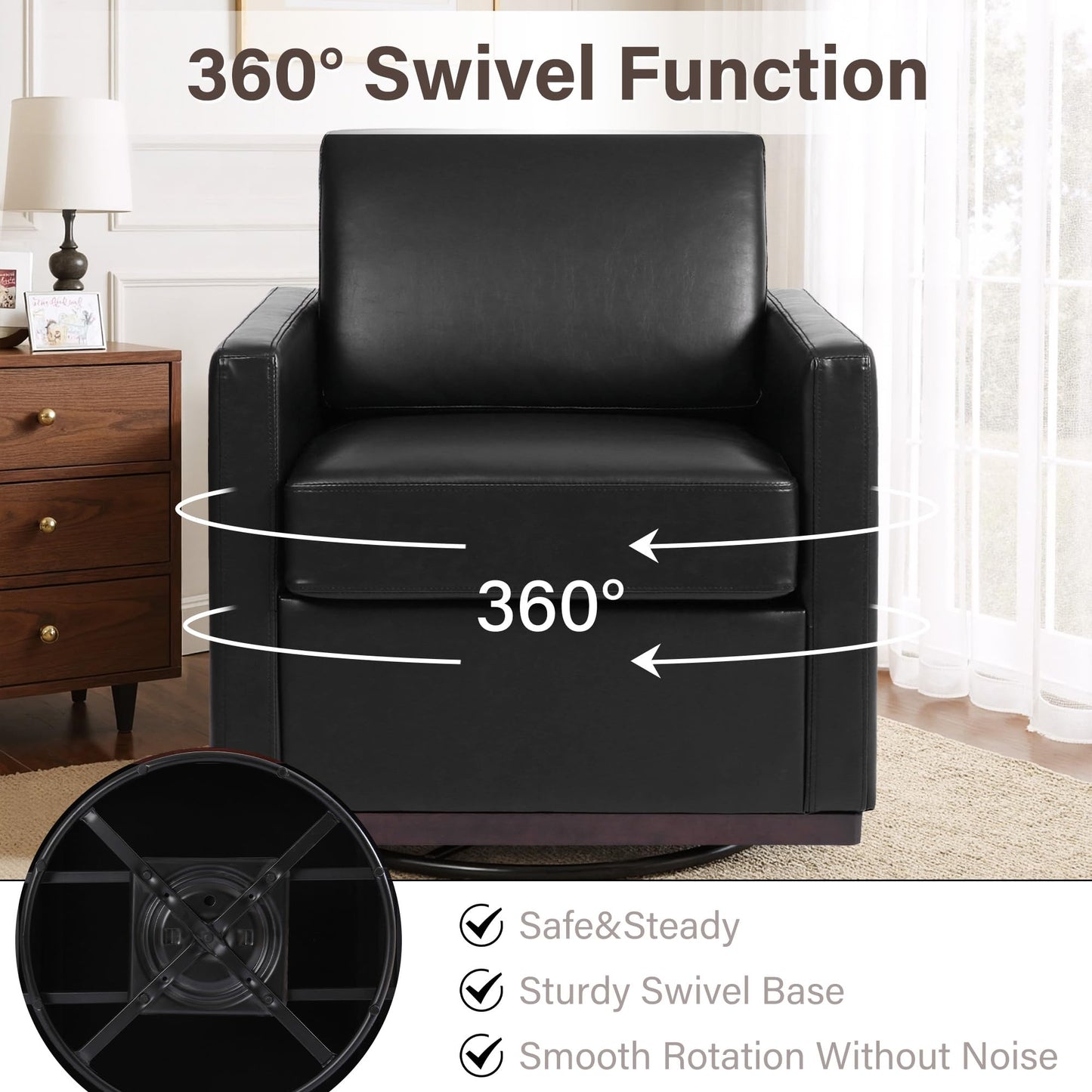 Faux Leather Swivel Accent Chairs Set of 2, 360° Swivel Upholstered Club Armchairs for Living Room, 31" Wide Square Single Sofa Reading Chair with Deep Seat, Metal Swivel Base, Navy