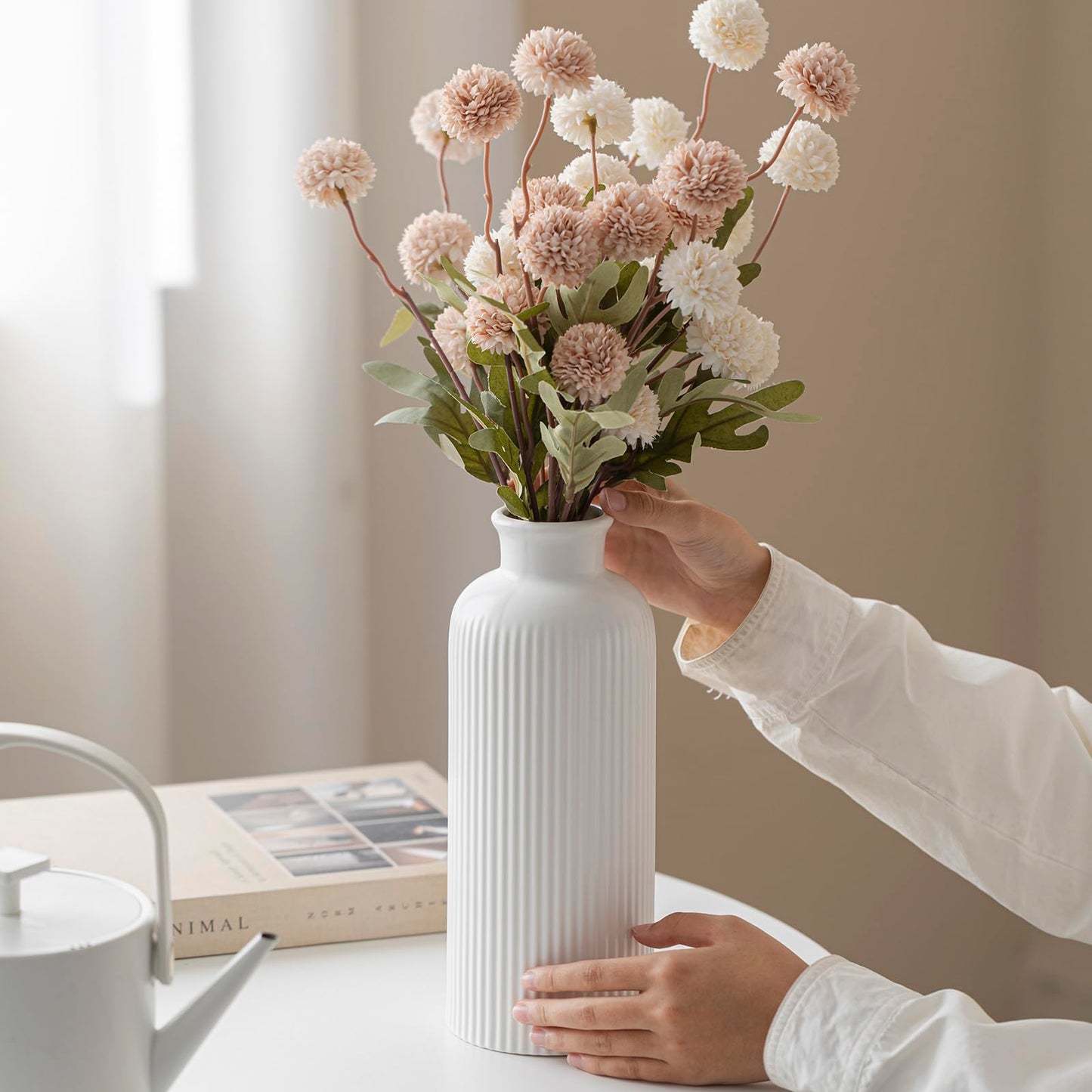 White Ribbed Ceramic Vase for Flowers, Modern Textured Decorative Vase, 10 Inch Tall, Farmhouse Style Home Decor (Matte Glaze White)