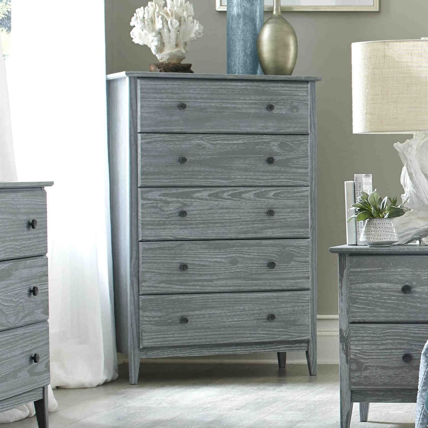 Grain Wood Furniture Greenport 5-Drawer Chest, Solid Wood with Brushed Walnut Finish