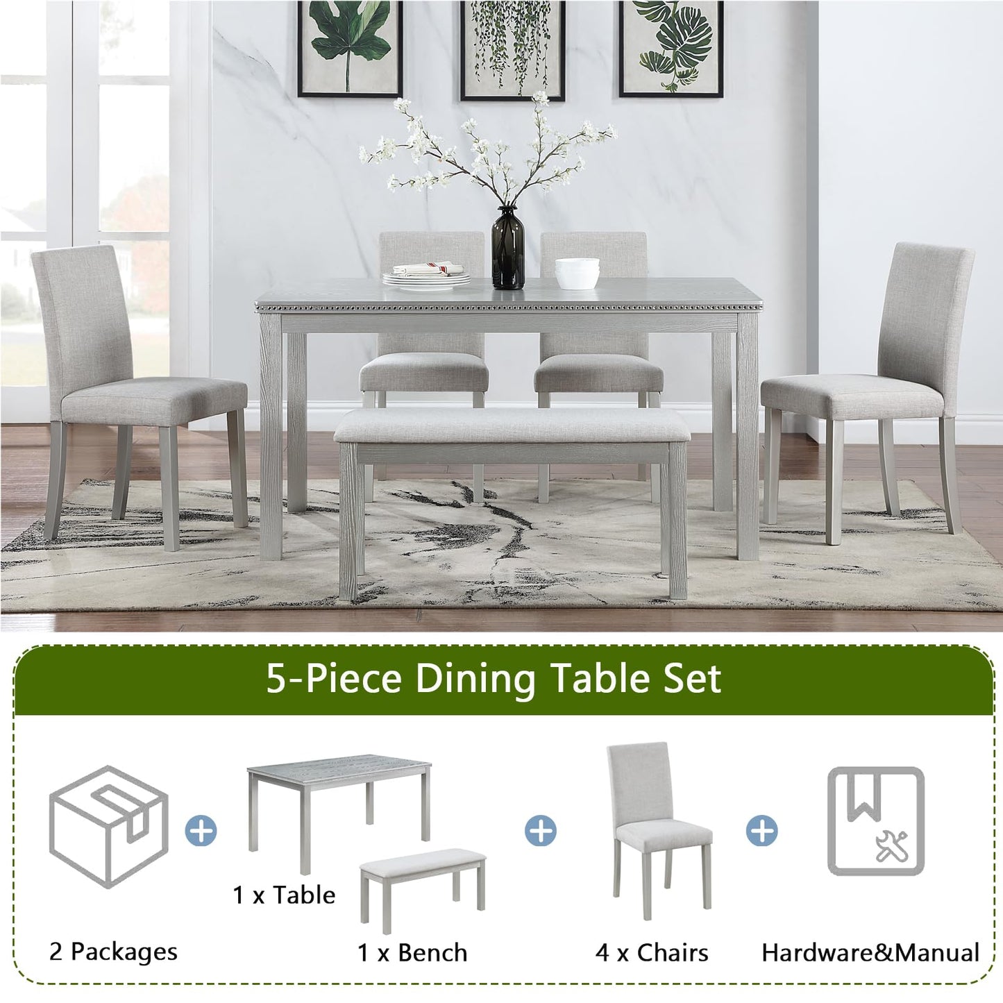 LKTART 6 Piece Kitchen Dining Set, 58.5" Rectangular Wooden Dinner Table with 4 Upholstered Chairs and a Bench for Living Room, Home Bar and Kitchen, Walnut