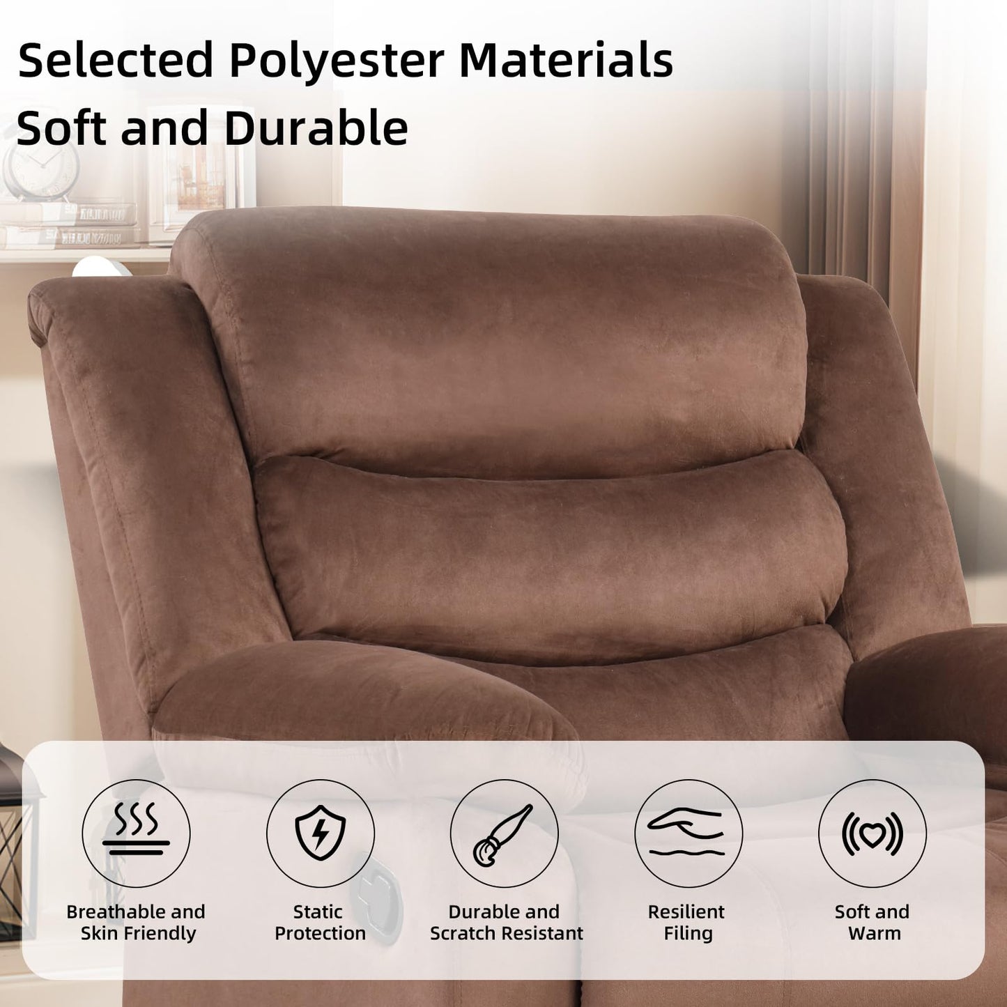 IOMOR Manual Recliner Chair with Overstuffed Arm and Extra-Padded Back, Breathable PU Leather Reclining Chair for Adults, Single Sofa for Living Room, Bedroom (Dark Brown)