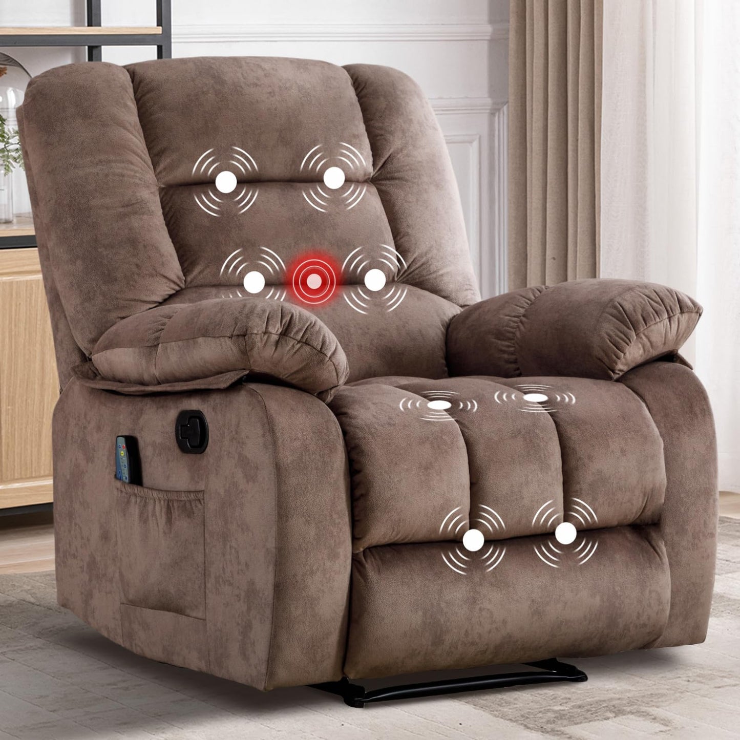 IOMOR Massage Recliner Chair with Heat and Massage, Ergonomic Overstuffed Breathable Fabric Reclining Chairs, Single Sofa Chair with Side Pockets for Living Room Home Theater (Dark Gray)