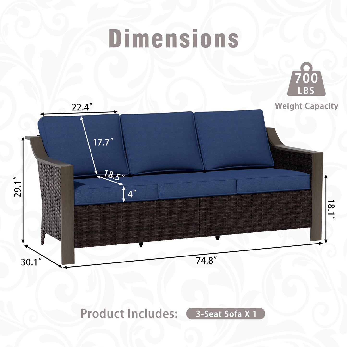 74 Inch Patio 3-Seater Sofa,PE Wicker Outdoor Lounge with Thick Removable Water-Resistant Cushions, Rust-Proof Steel Frame, 900LBS Capacity, Beige