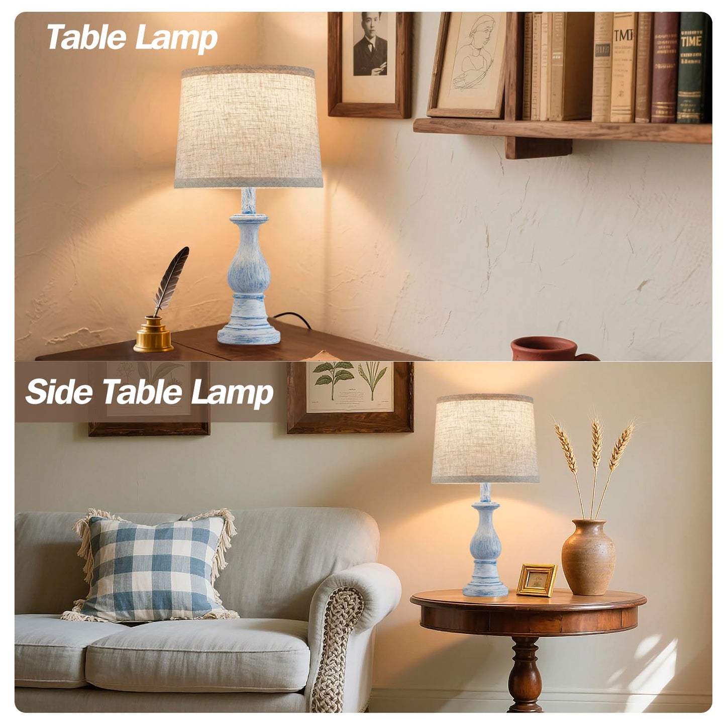 Vintage Table Lamp for Living Room Bedroom, 18.5" Farmhouse Bedside Lamps Nightstand Lamp Set of 2, Table Lamps with Oatmeal Linen Lamp Shades, 2 LED Bulbs Included