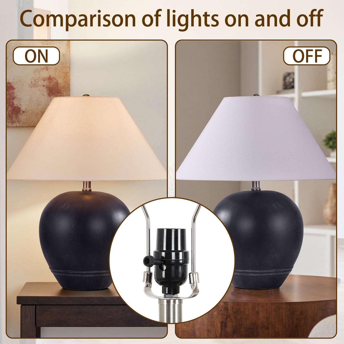 Farmhouse Ceramic Table Lamp, 21" Rustic Table Lamp with Linen Shade, 3-Way Dimmable Bedside Nightstand Lamps for Bedroom, Living Room, E26 Socket, Dark Grey