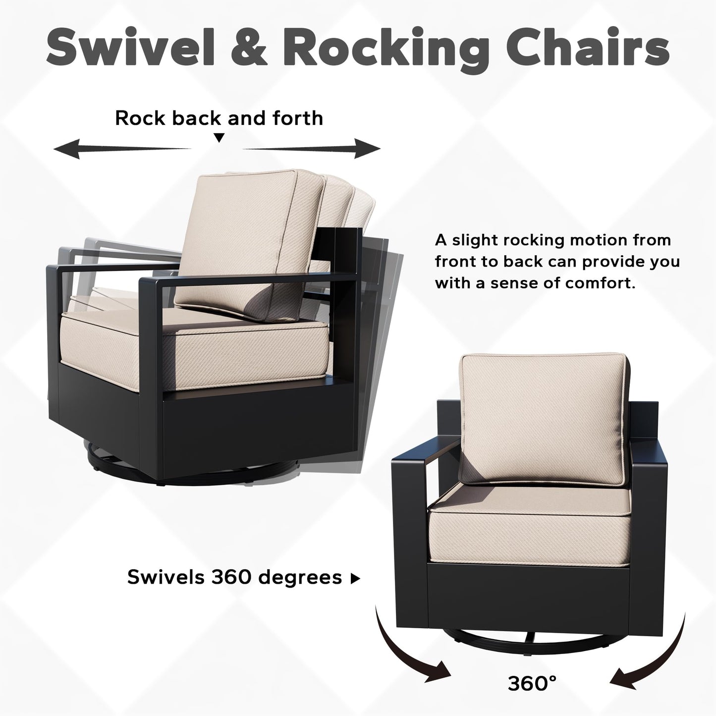 Aluminum Patio Swivel Chair - Outdoor Swivel Rocking Chair with 6" Thick Removable Cushions, All-Weather Metal Frame, Deep Setting for Garden, Poolside and Porch