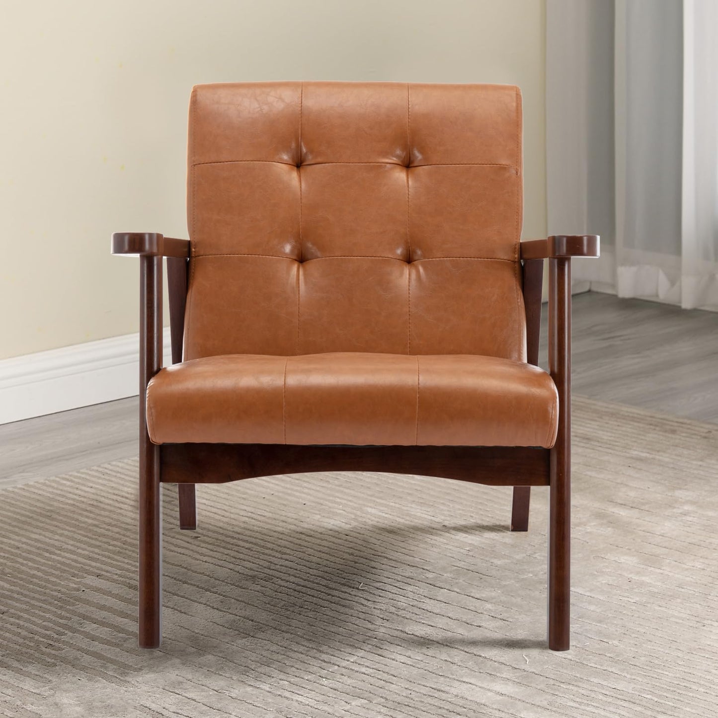 IOMOR Accent Chair Mid Century Modern Chair for Living Room, Comfy Faux Leather Armchair with Solid Wood Frame Soft Thick Padded, Side Chairs Easy Assembly (1, Brown)
