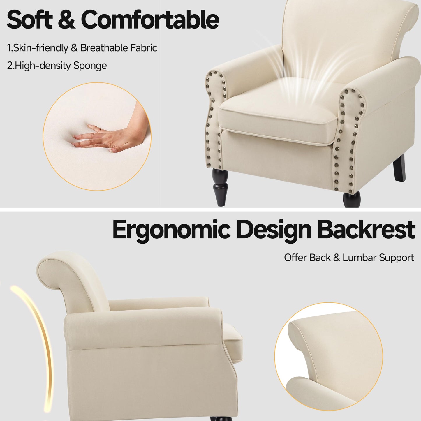 Wingback Accent Chairs Set of 2, Mid-Century Modern Upholstered Armchair Living Room Chair with Nailhead Trim & Rolled Armrest, Comfy Lounge Chair Single Sofa Chair for Bedroom, Light Blue