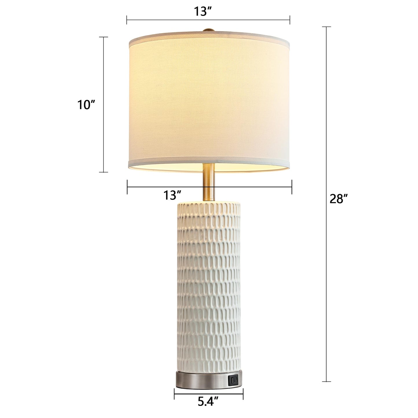White Ceramic Table Lamps Set of 2, 28" Lamps for Living Room with USB C+A Ports, Touch Lamps for Nightstand, 2 Bulbs Included