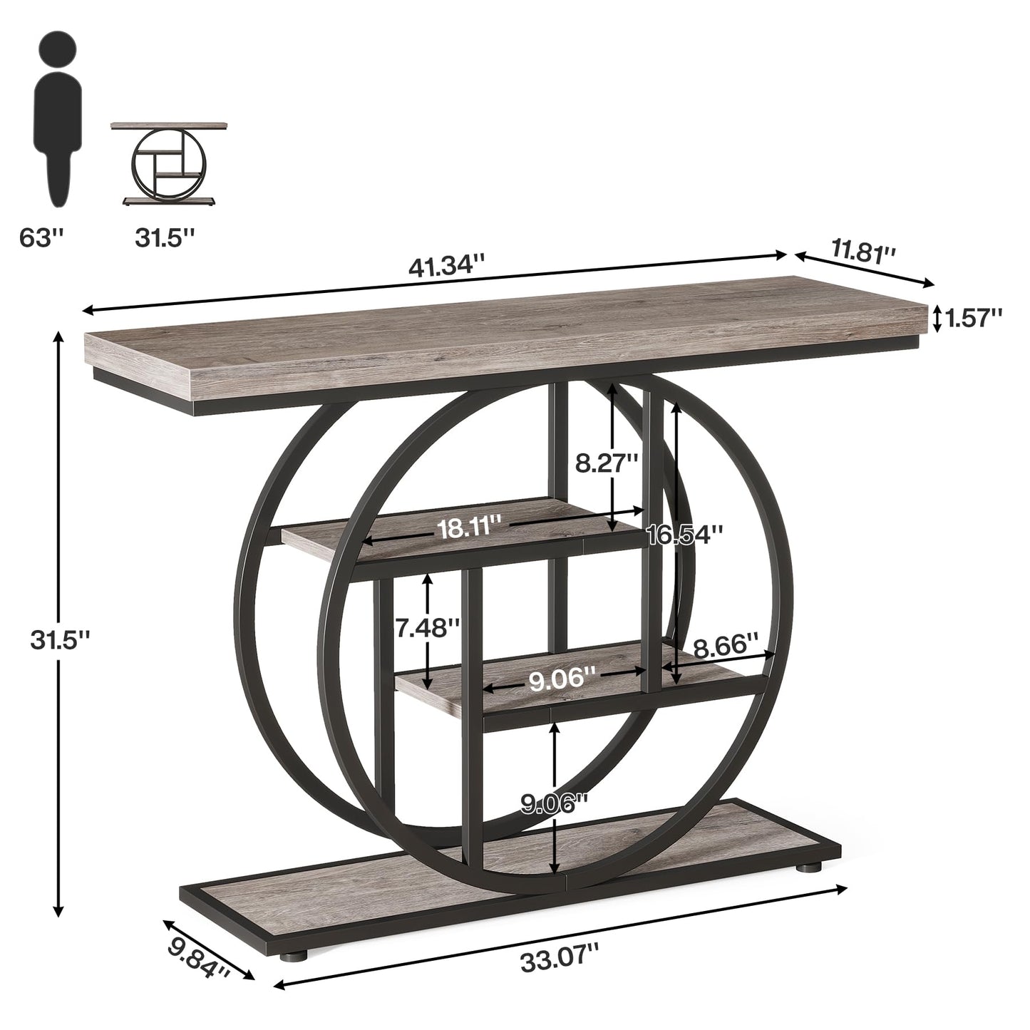 Tribesigns 41.3" Console Table, Industrial 4-Tier Sofa Table Entryway Table with Circle Base, Narrow Wood Accent Tables with Storage Shelves for Living Room, Hallway, Foyer, Rustic Brown